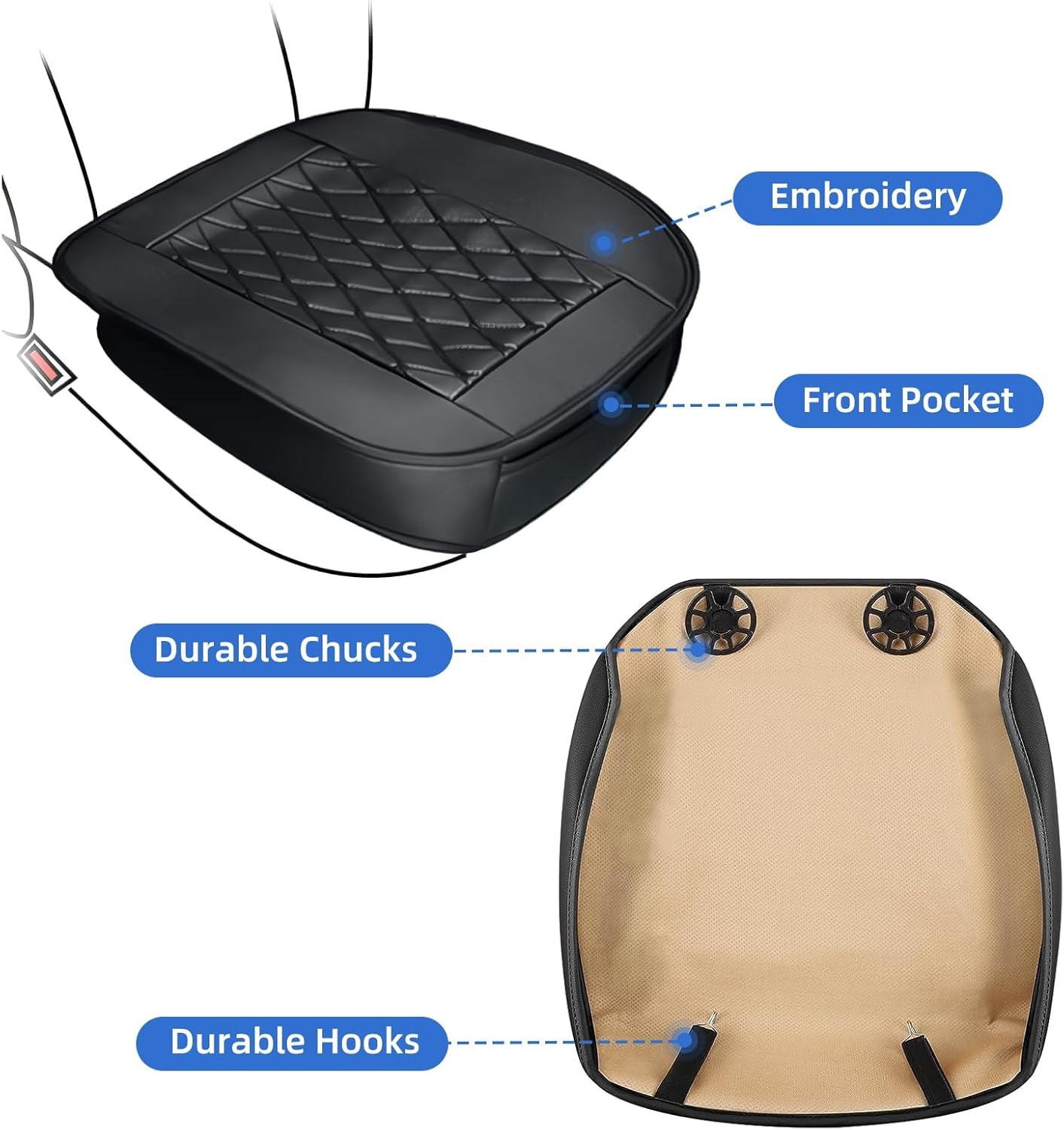 Car Seat Cover 3Pc PU Leather, Include 2 Pack Front Car Seat Cover and 1 Pack Rear Bench Cover, Edge Full Wrapping, Seat Protector for Seat Bottom with Storage Pocket, Anti-Slip,Universal, Black image number 6