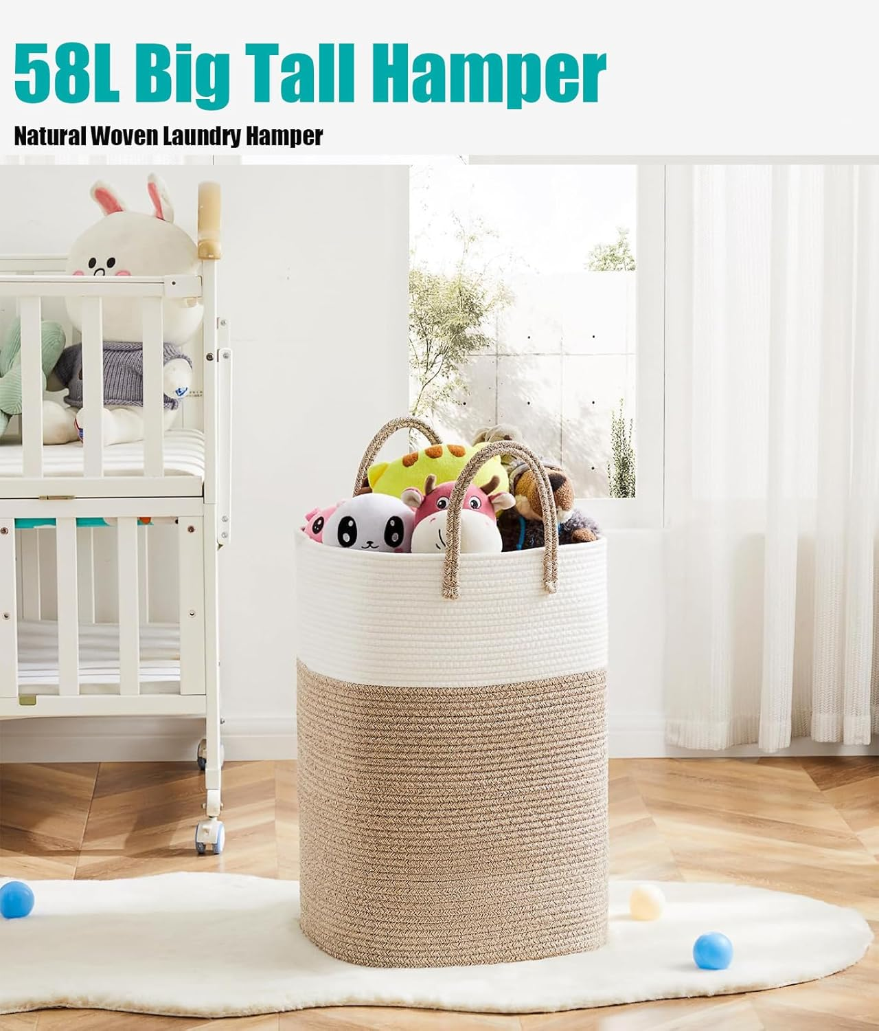 Large Laundry Hamper, Tall Woven Laundry Basket for Blanketfor Toys, Dirty Clothes in Living Rooms, Bathrooms, and Bedrooms; Measures 38&times;50Cm (White and Linen Colors)