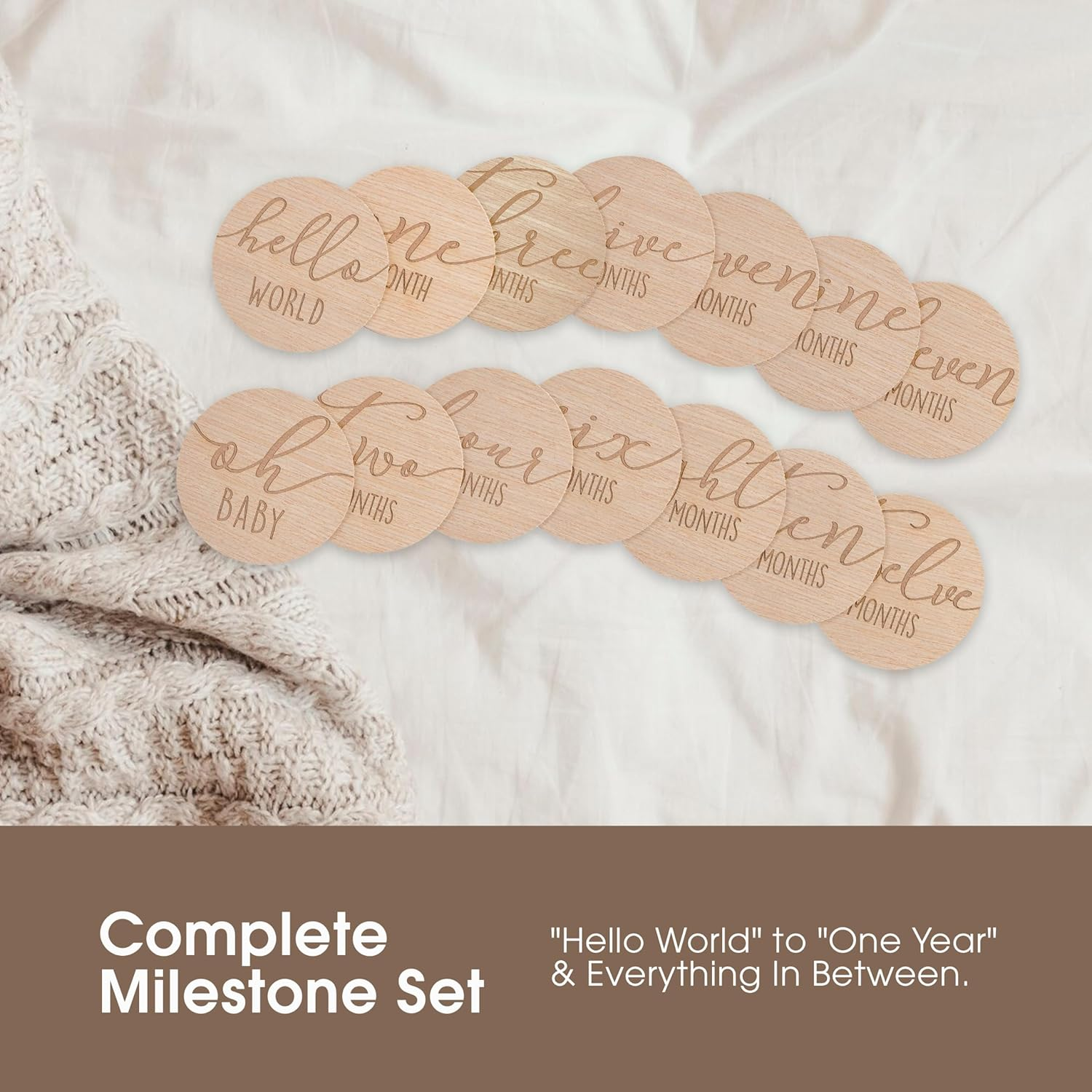 Pearhead Wooden Monthly Milestone Photo Cards - 7 Double-Sided Engraved Discs for Baby Announcement and Milestones, Gender-Neutral Photo Props for Newborn Boy and Girl, Light Wood image number 5