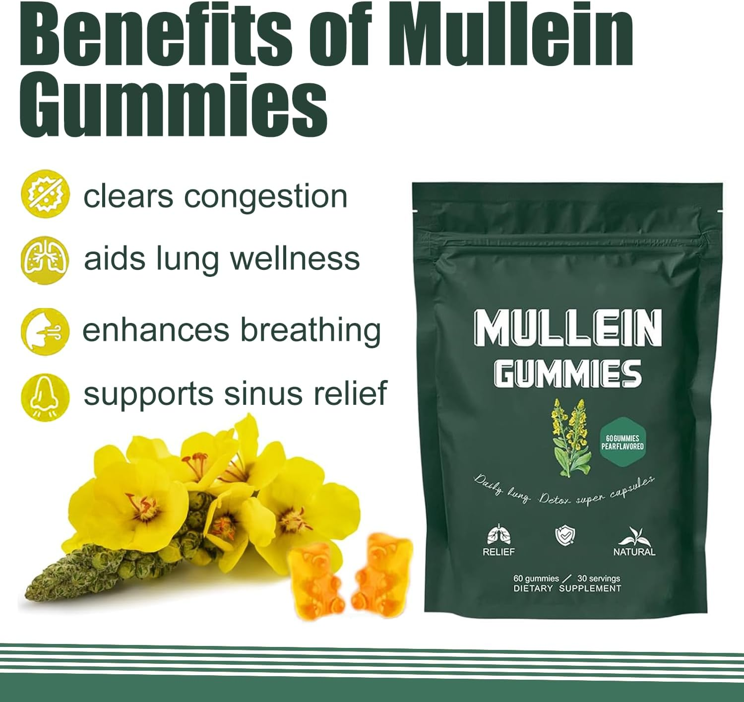 Mullein Gummies, Mullein Leaf Herb Extract for Lungs Health, Mullein Gummies for Men and Women image number 2