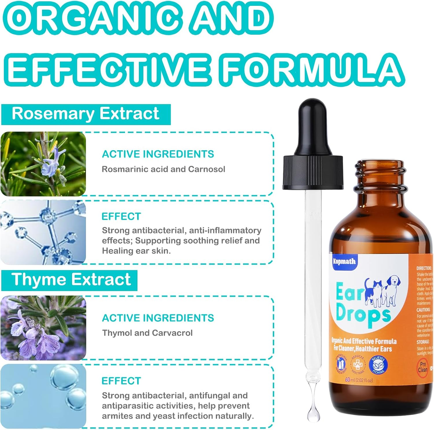 Kopmath Dog Ear Drops, Dog Ear Cleaner, Ear Infection Drops for Dogs and Cats, Yeast Infection & Ear Mites Treatment, for Dirty,Itchy,Smelly,Inflammed Ears,Natural Herbal Solution,60Ml with Dropper image number 1