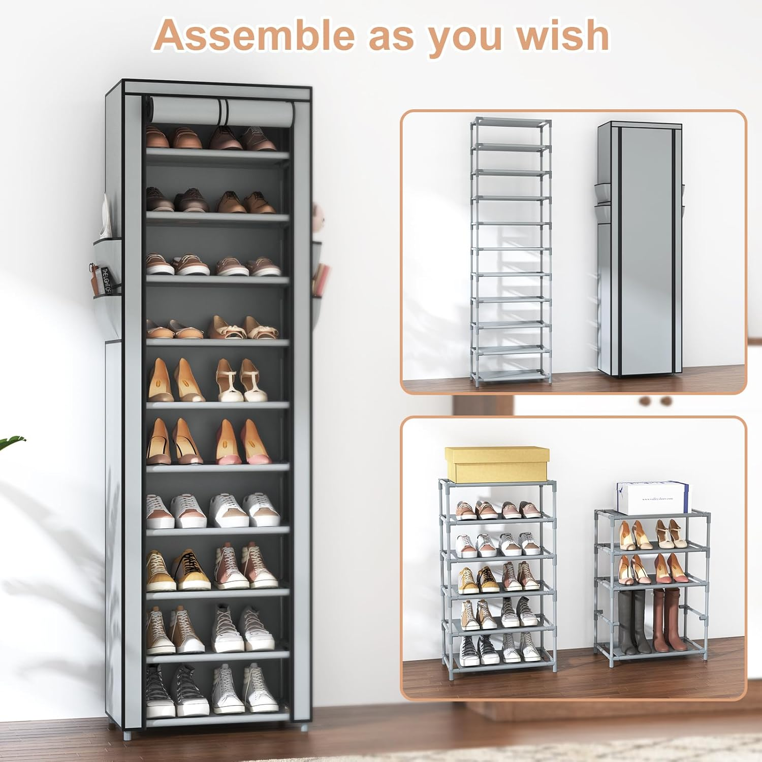 VTRIN Vertical Narrow Shoe Rack Organizer Tall Shoe Rack for Closet Entryway 10 Tier Non-Woven Cover Shoe Shelf Holds 20-22 Pairs Free Standing Shoe Storage Cabinet with Dustproof Cover, Grey image number 3