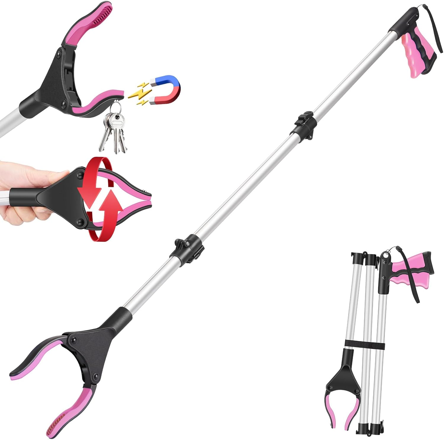 48" Grabber Reacher Tool-Extra Long Grabber for Seniors and Elederly Pickup Tool Trash Picker Foldable Gripper and Reaching Tool Pick up Stick Grabbers for Surgery Recovery Must Haves Gifts(Pink)