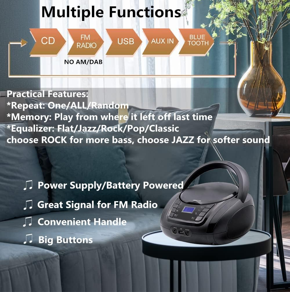 Portable Boombox - CD Player, Bluetooth, USB, MP3, AUX, FM Radio, Portable, Built-In Stereo Speakers, Carrying Handle, LCD Display, Black image number 2