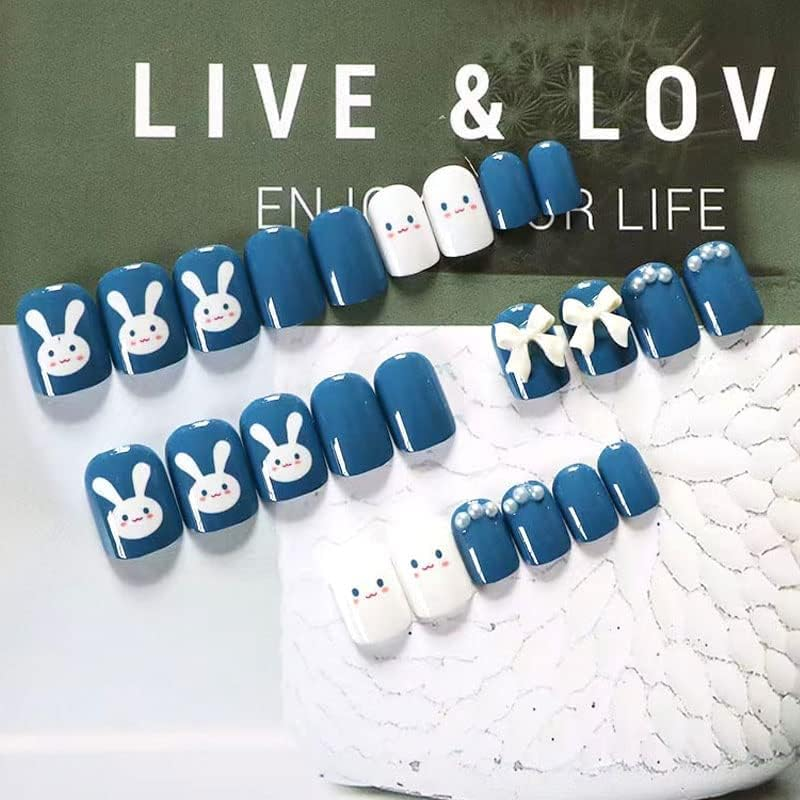 AIDVPOD Cute Fake Press on Nails for Women Kid Cute Rabbit Fake Nails Pre-Glue Short Full Cover False Nail Tips Stick on Nails Lovely Gift Girls Nail Art Decoration -Blue, 29 Piece Set - Blue image number 6