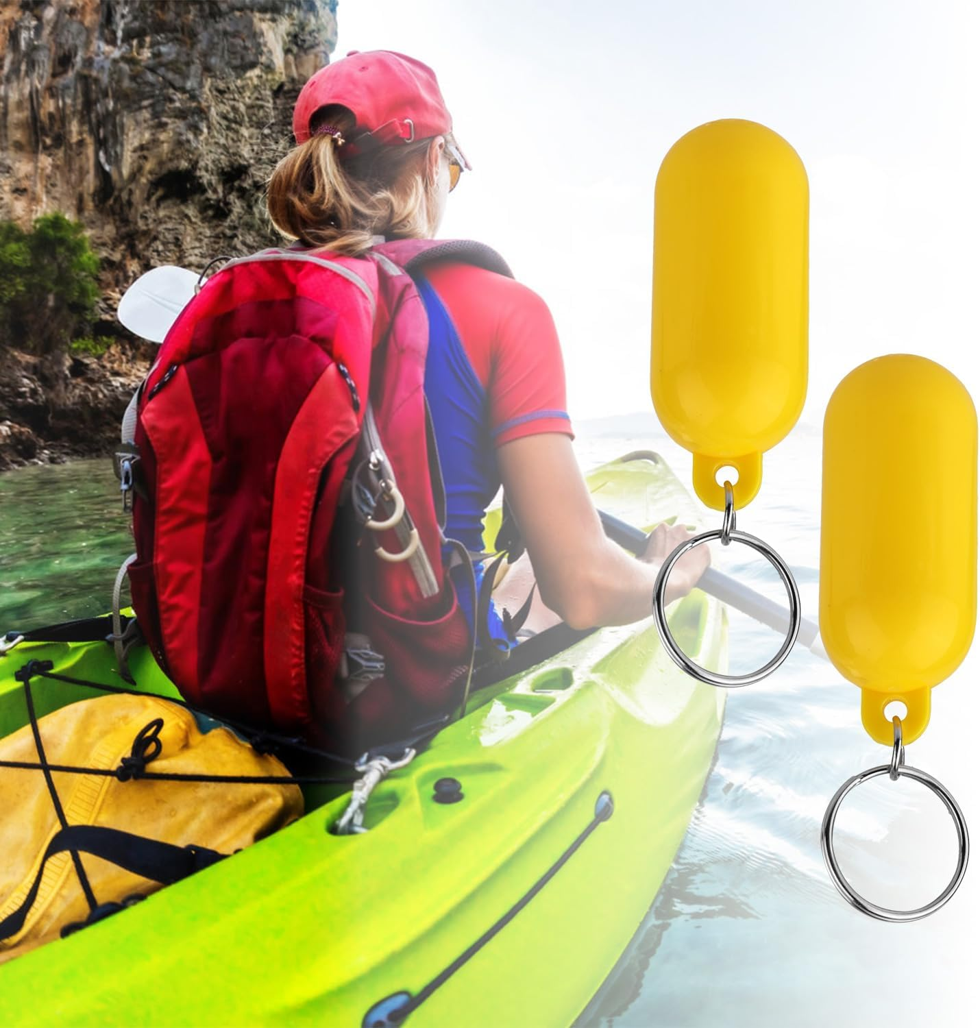 NQEUEPN 2Pcs Boat Floating Keychains, 2.56X0.98In Yellow Float Key Pendant Oval Shape Plastic Floating Key Ring Water Sport Accessory for Boating Surfing Rowing Fishing Outdoor Sports image number 2