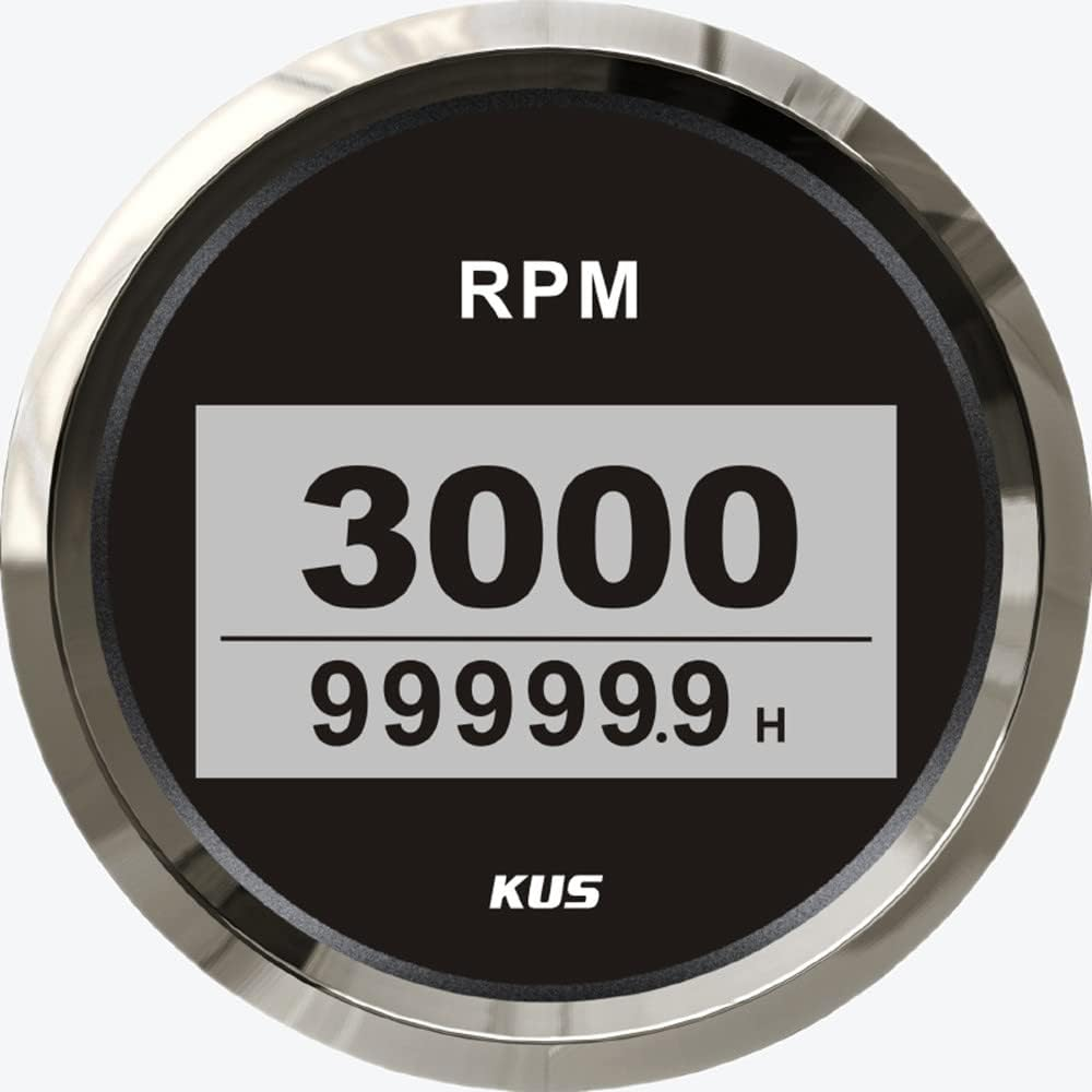KUS 85Mm Digital Tachometer 0-8000RPM Tacho Meter Gauge 12V/24V with Backlight Marine Outboard Diesel Engine (White+Stainless Steel)