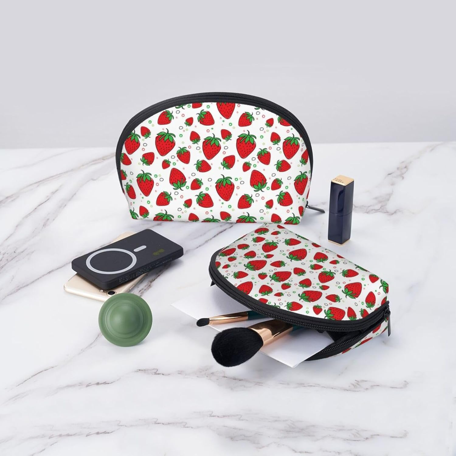 Cozimangoe Coin Pouch Makeup Bags Set, 2 Piece Shell Shape Cosmetic Bag with Pockets for Daily Travel Handbag Lipstick Keys Toiletry, Personalized Strawberry image number 6
