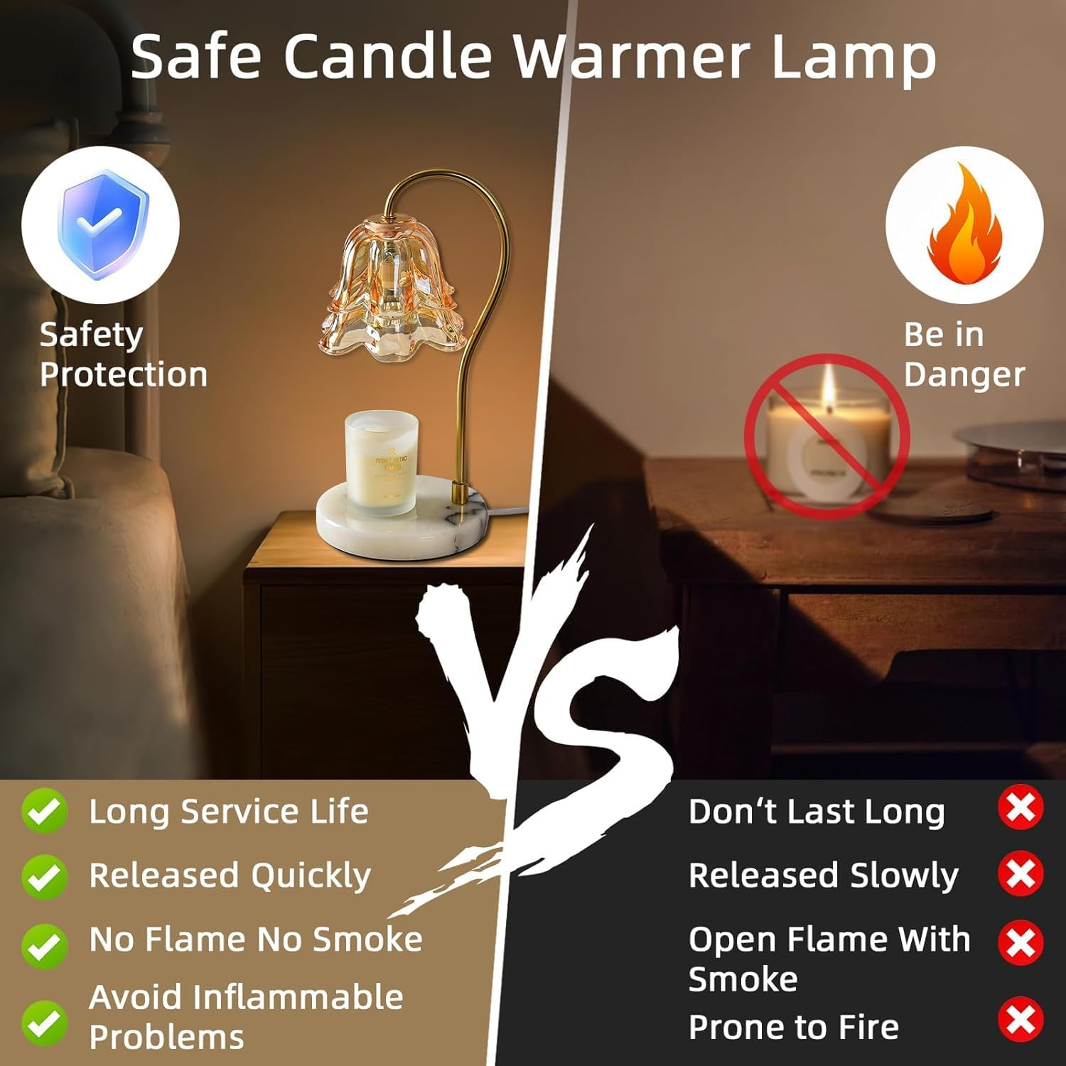 Candle Warmer Lamp, Flower Glass Candle Warmer Light, Dimmable Table Lamp, Vintage Candle Lamp with Marble Base, for Women, Mom, Female Friend, Romantic Vintage Style Gifts (Amber) - Amber image number 3