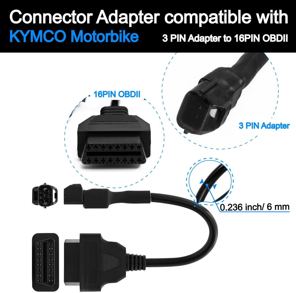 3 Pin to 16 Pin Diagnostic Adapter Cable OBD2 OBDII Compatible with Kymco image number 4