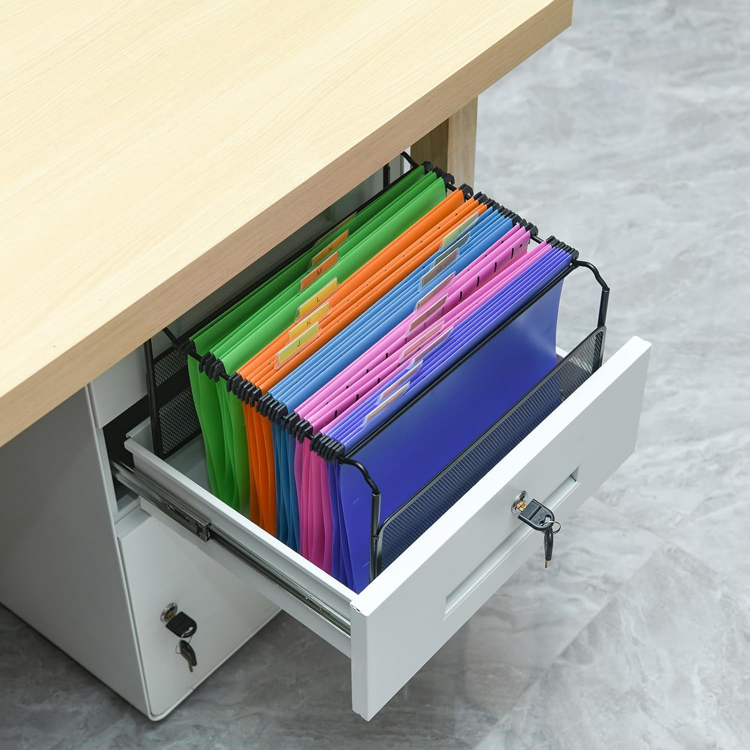 Merrynine Set of Suspension Files and Frame, 15PCS A4 Suspension Files with Tabs and Card, Black Metal Mesh A4 Suspension File Frame Desktop Hanging File Folder Organiser, 5 Color