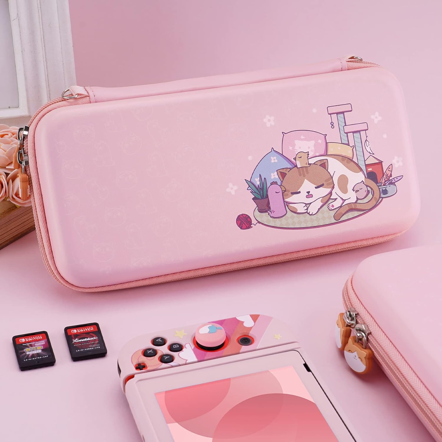 Playvital Pink Travel Carrying Case for Nintendo Switch & Switch OLED, Protective Hard Shell Storage Case for Switch,W/Thumb Grips Game Cards Slots & Inner Pocket - Kitten & Chicken image number 4