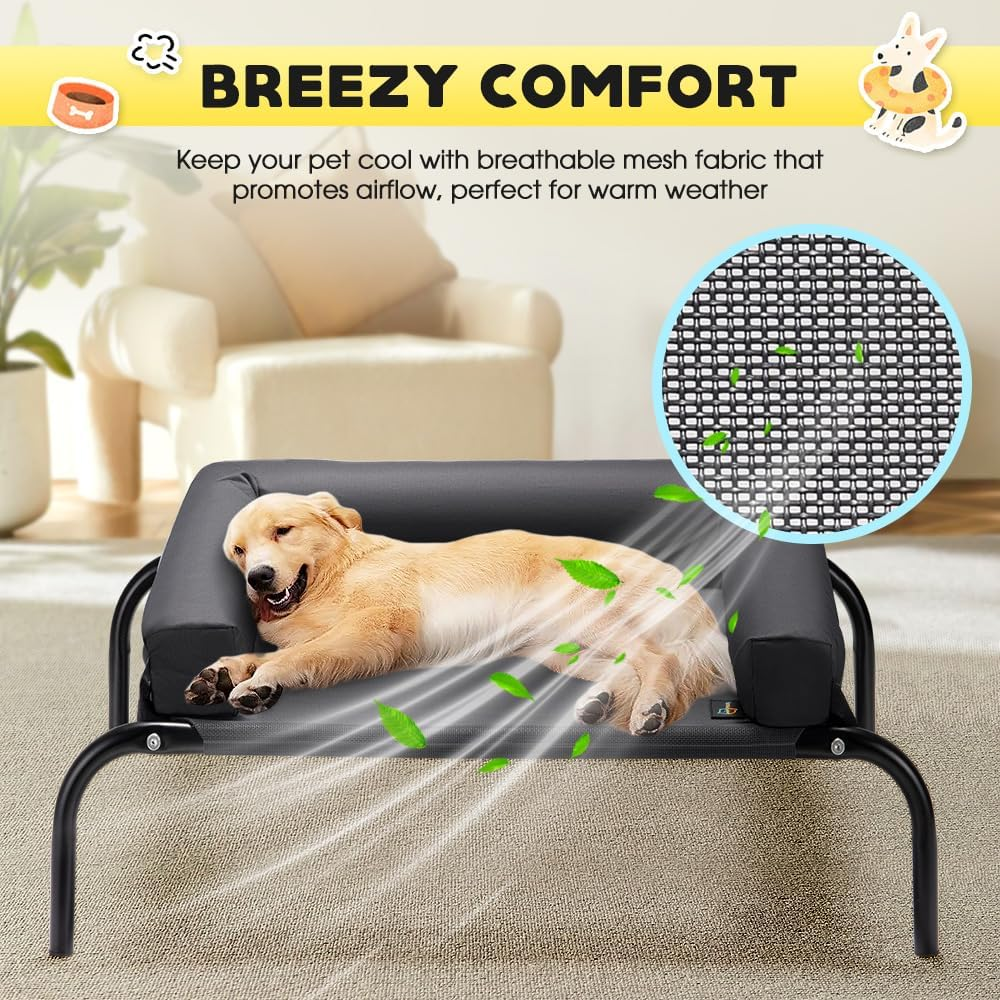 Elevated Cooling Dog Bed with Cushions, Raised Pet Cot for Small Medium Dogs, Portable & Machine-Washable, Non-Slip Rubber Feet, Indoor & Outdoor Use, Black, Medium(88X64X20Cm) image number 6