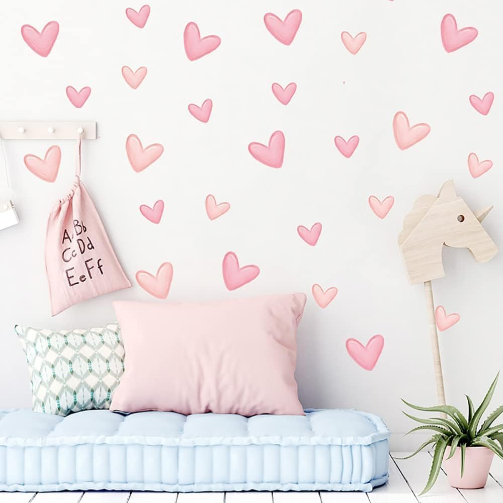 60Pcs Pink Heart Shape Wall Stickers for Bedroom Living Room Girls Room Decoration Kids Room Baby Nursery Room Wall Decals Interior Wallpaper PVC Murals image number 3