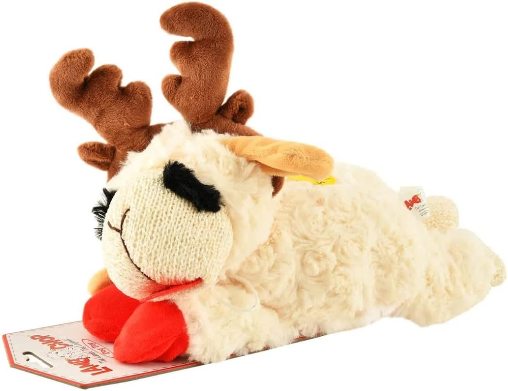 MULTIPET Holiday Lamb Chop with Reindeer Antlers Plush Dog Toy (10.5" Laying Lamb) image number 5