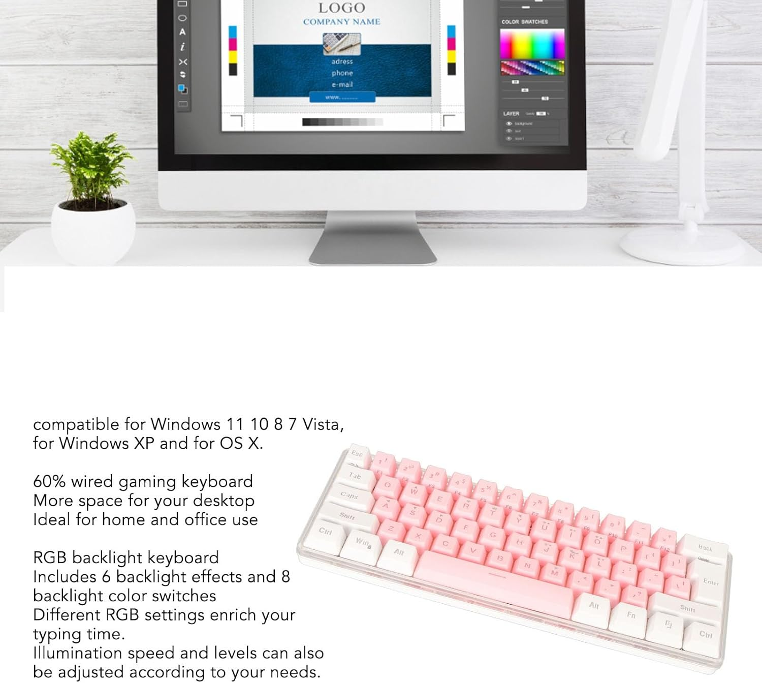 Gaming Keyboard, USB Wired Compact Keyboard RGB Backlight Mimicry Machine Technology Space-Saving Travel Typer (White Pink) image number 3