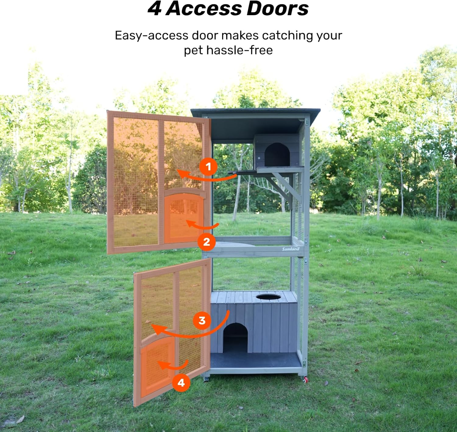 Samland Wooden Outdoor Cat Enclosure with Wheels, Double Houses & Weatherproof Roof, Cat Run for Indoor/Outdoor Use image number 3