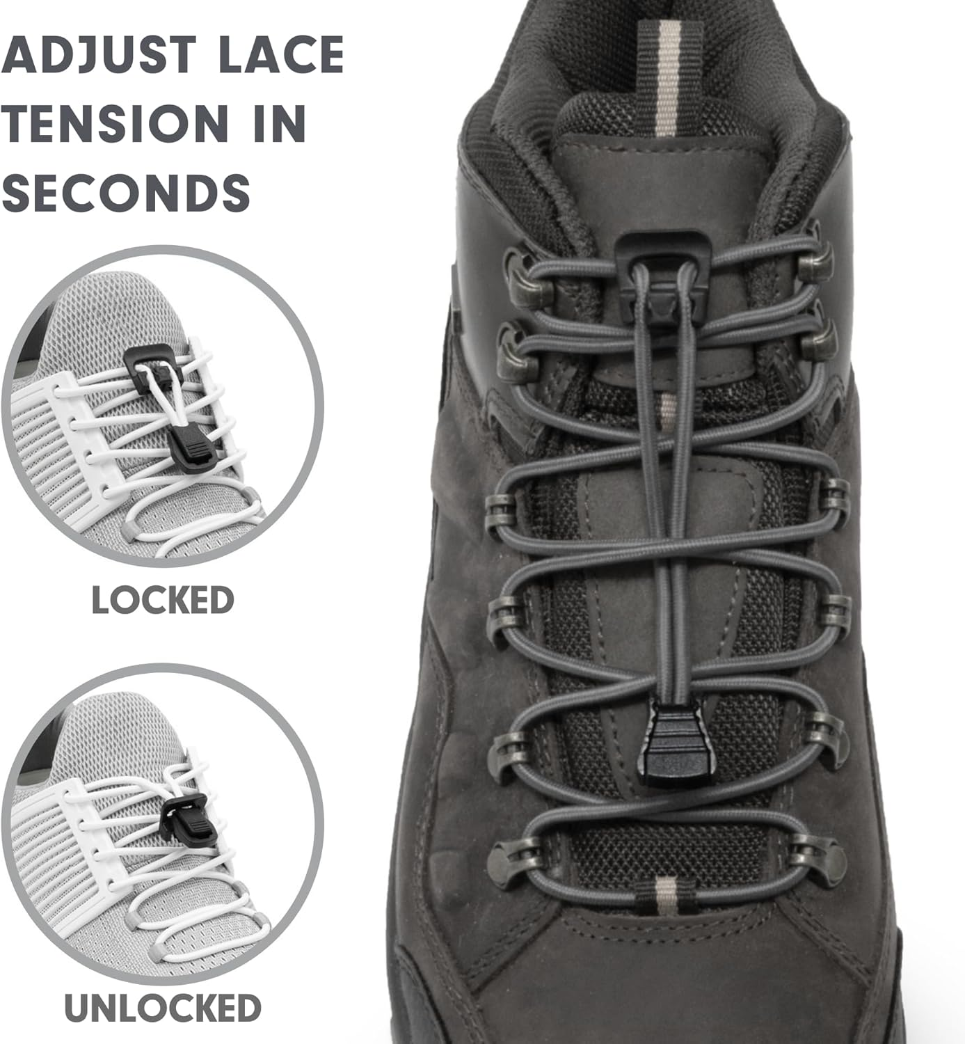 Xpand Quick Release Round-Lacing No Tie Shoelaces System with Elastic Laces - One Size Fits All Adult and Kids Shoes (Gray, 132 Cm) image number 2