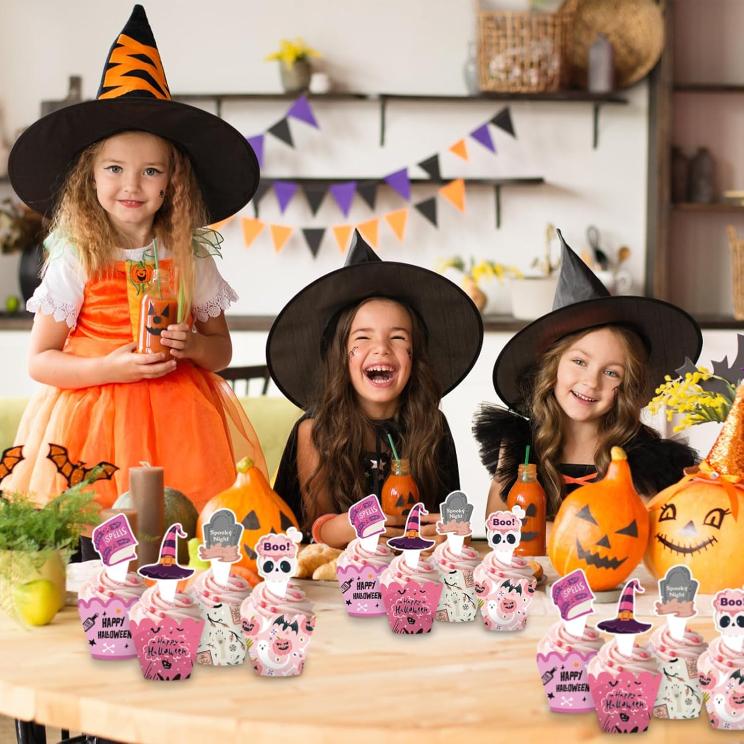 24 PCS Happy Halloween Cupcake Toppers and Wrappers,Printed with Pumpkin Skull Ghost Wizard Hat Pattern Pink Themed Cupcake Cake Decorations for Halloween Party Supplies image number 3