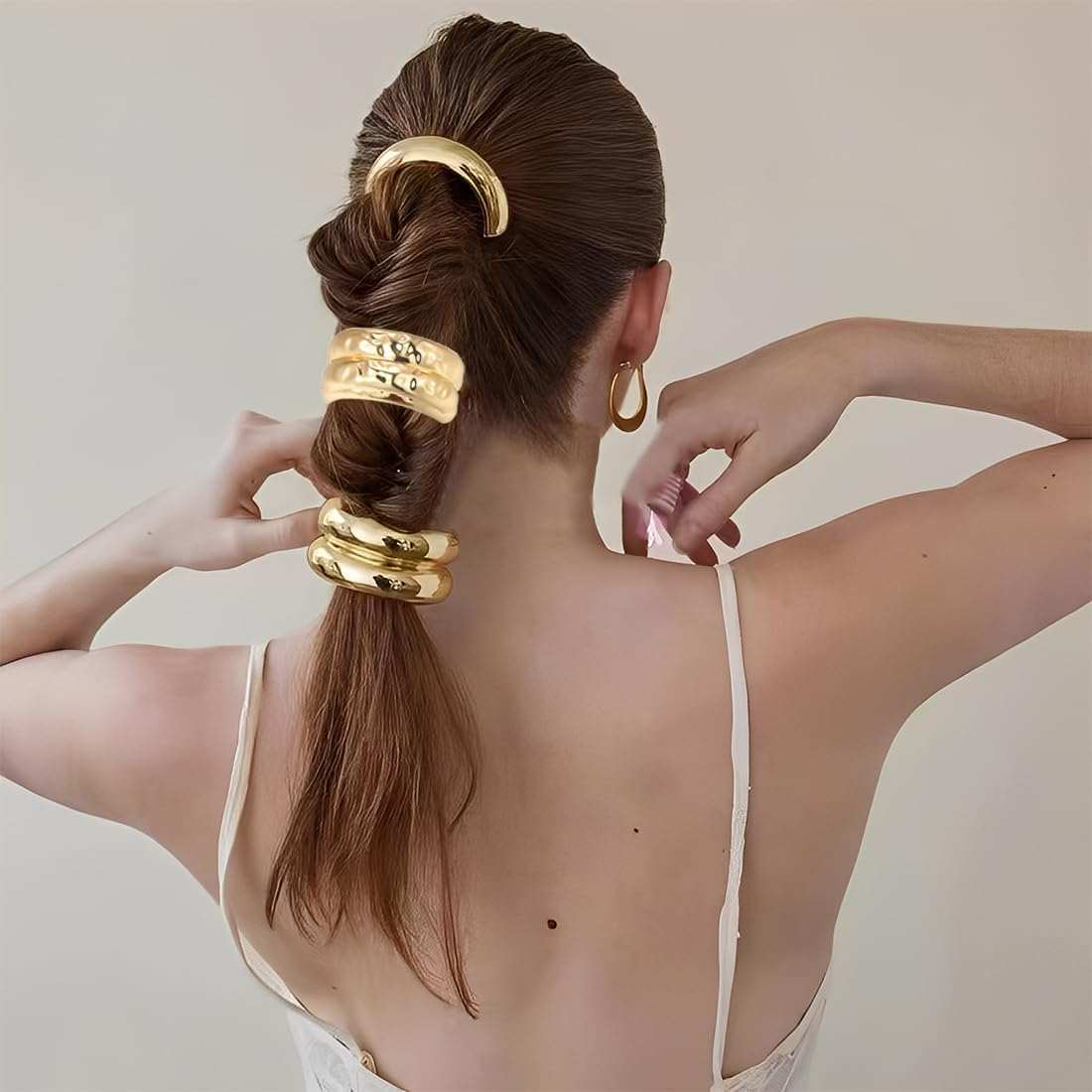 JYNXOR Pack of 6 Women'S Hair Bands, Hair Cuffs for Ponytail, Metal Hair Cuff, Hair Scrunchie, Gold, Hair Cuffs for Ponytails, Gold Hair Bobbles, Punk Hair Holder, Gold Ponytail Cuff image number 5