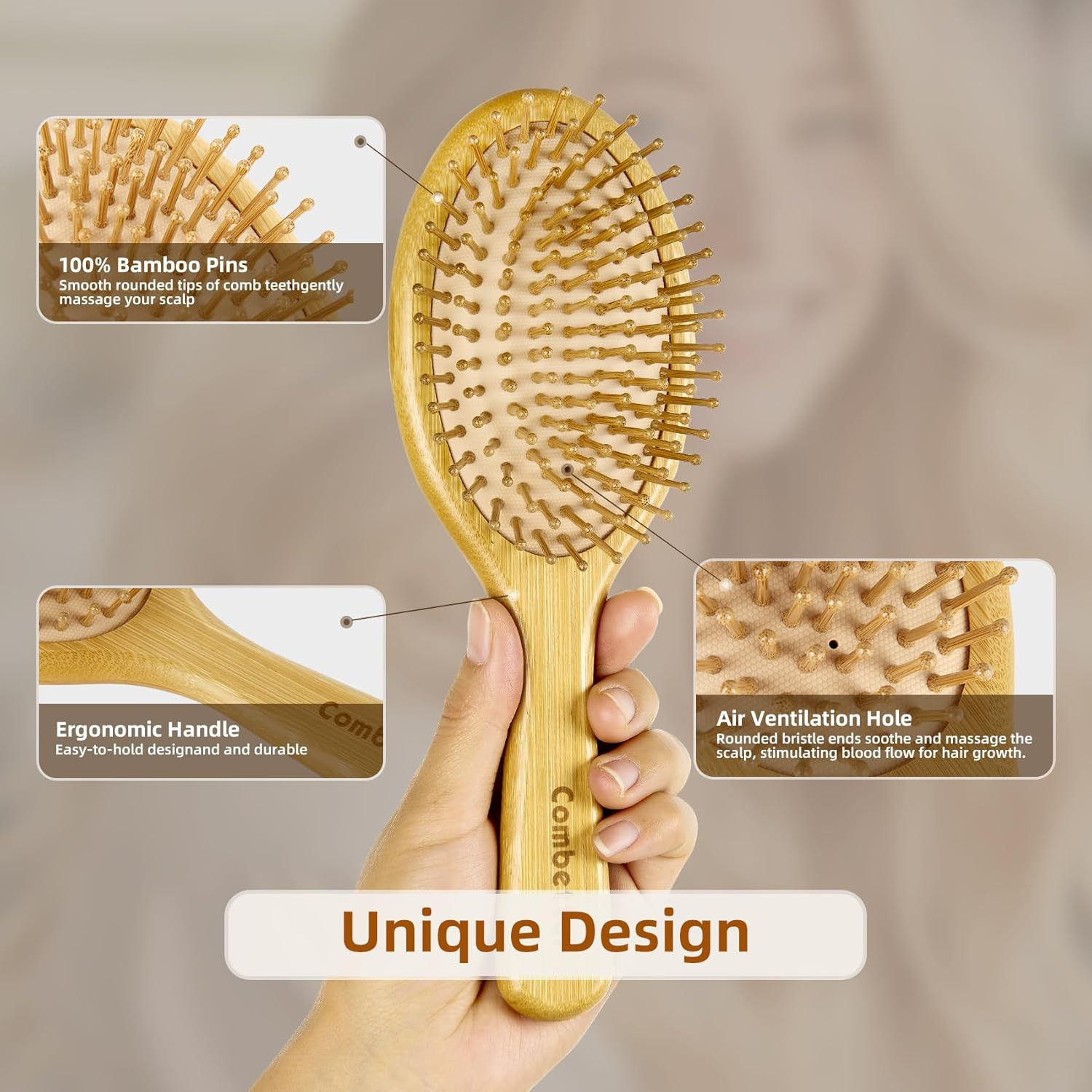 Hair Brush-Natural Bamboo Paddle Detangling Hairbrush, Suit for Women Men and Kids Thick/Thin/Curly/Dry Hair, Massage Scalp Combetter