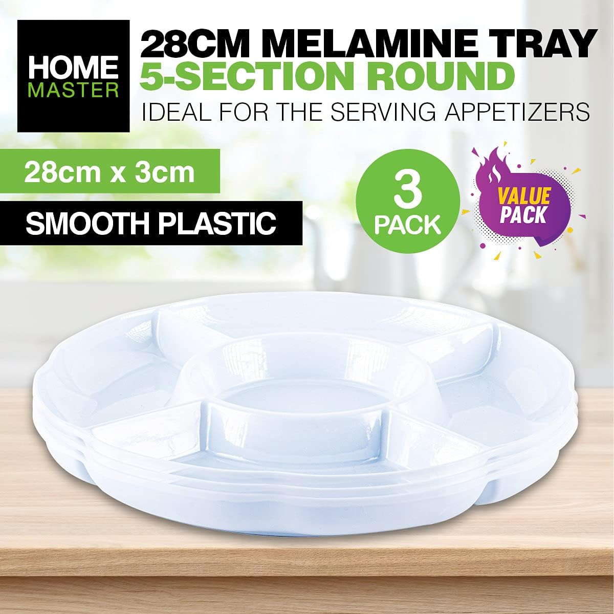 Home Master round Melamine Platter Tray with 5 Section Divider, White, 28 Cm Diameter X 3 Cm Size image number 1