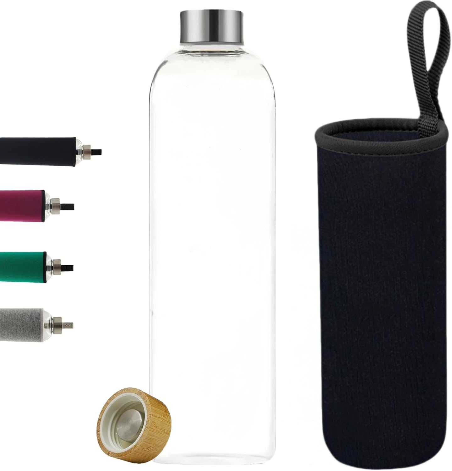 HENGFEI Glass Water Bottle with Bamboo Lid and Stainless Steel Lid (1000Ml, Burgundy Sleeve)