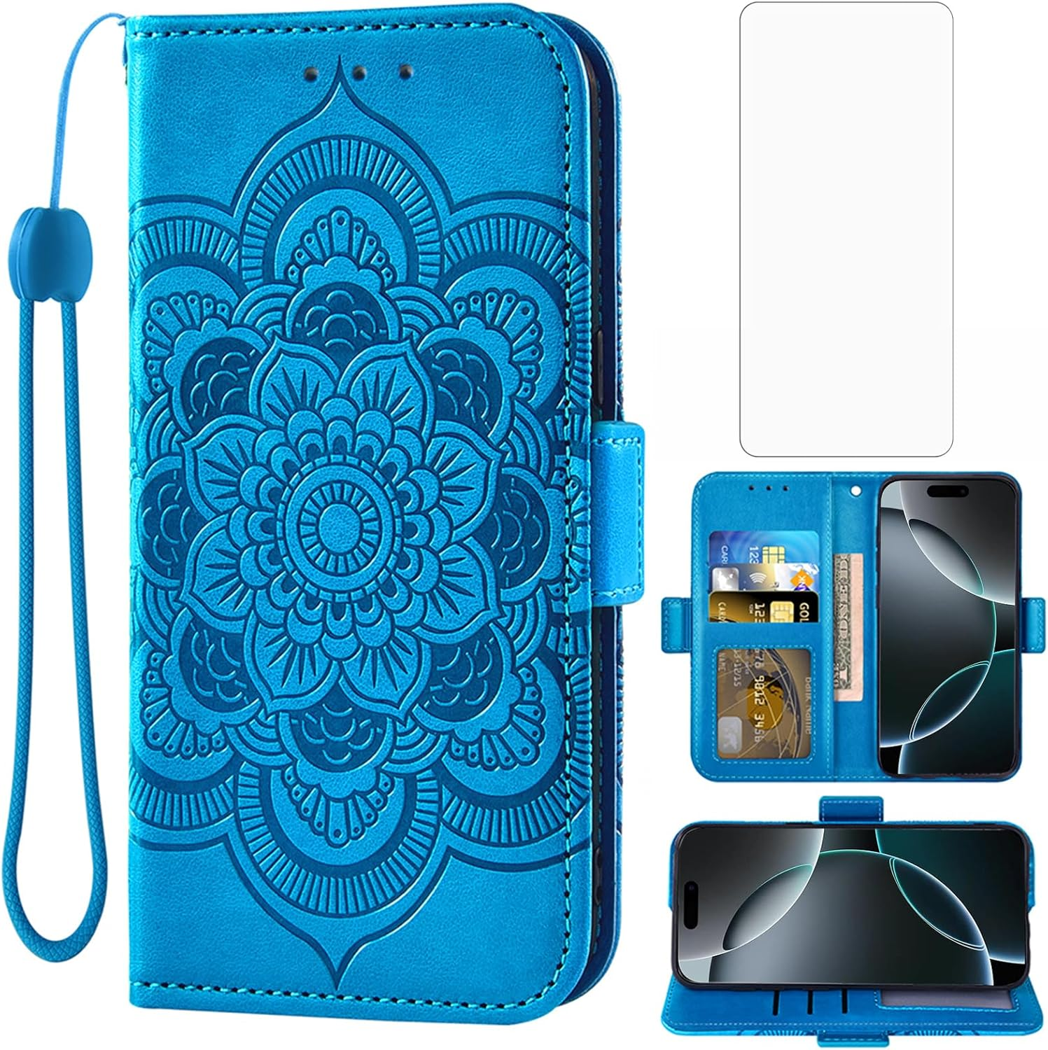 Asuwish Mobile Phone Case for Iphone 17 Pro, Case with Glass Film, Screen Protector, Card Slot, Foldable, Leather Wallet, Stand, Iphone 17 17Pro, Mobile Phone Case, Mandala Protective Cover, Phone