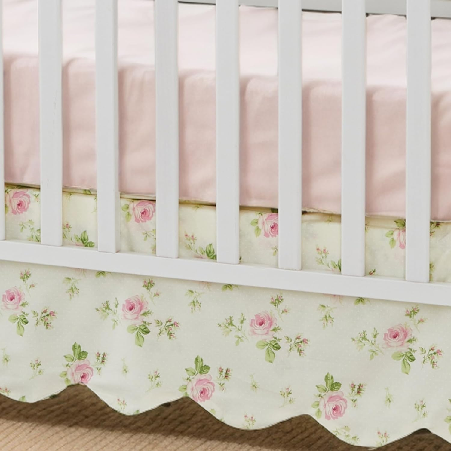 Brandream Scallop Edge Cotton Crib Skirt, Baby Boy Girl Gender Neutral Crib Skirt Toddler Bedskirt Farmhouse Chic Nursery Crib Bed Skirt, Boho Bohemian Green Gingham - Blue Toile image number 7