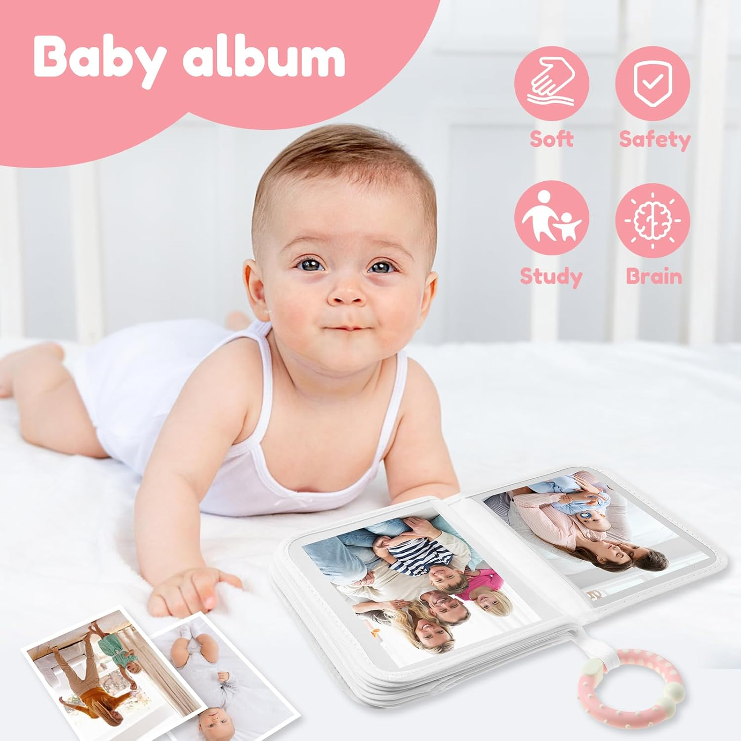 NIPUAEGO 1Set Soft Cloth Baby Photo Album, Large Capacity Newborns First Family Memory Book with Hook Mirror for Newborn Family image number 4