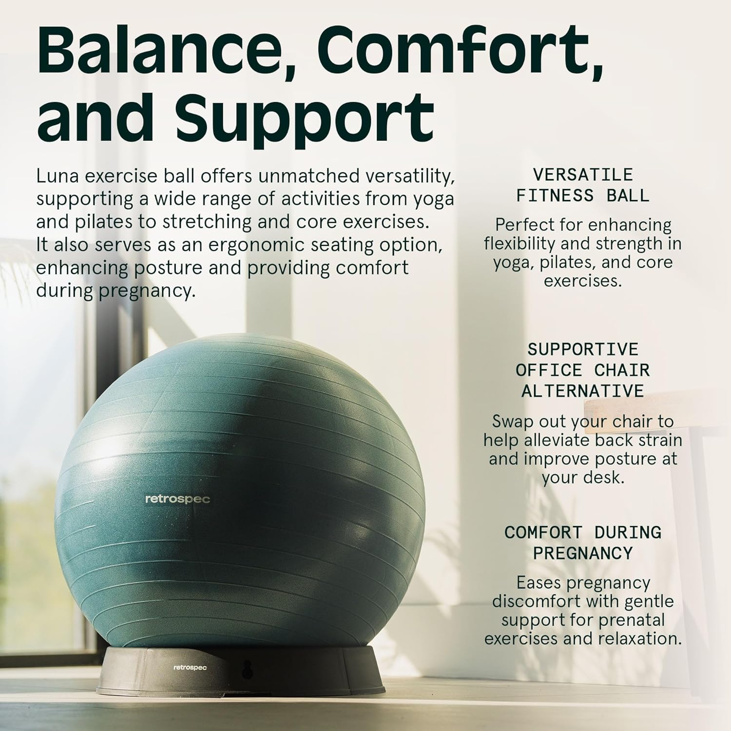 Retrospec Retrospec Luna Exercise Ball, Base & Pump / Ball & Pump with Anti-Burst Material - Fitness Gym Swiss Ball - Perfect for Balance, Stability, Yoga, Pilates, Pregnancy & Birthing image number 2