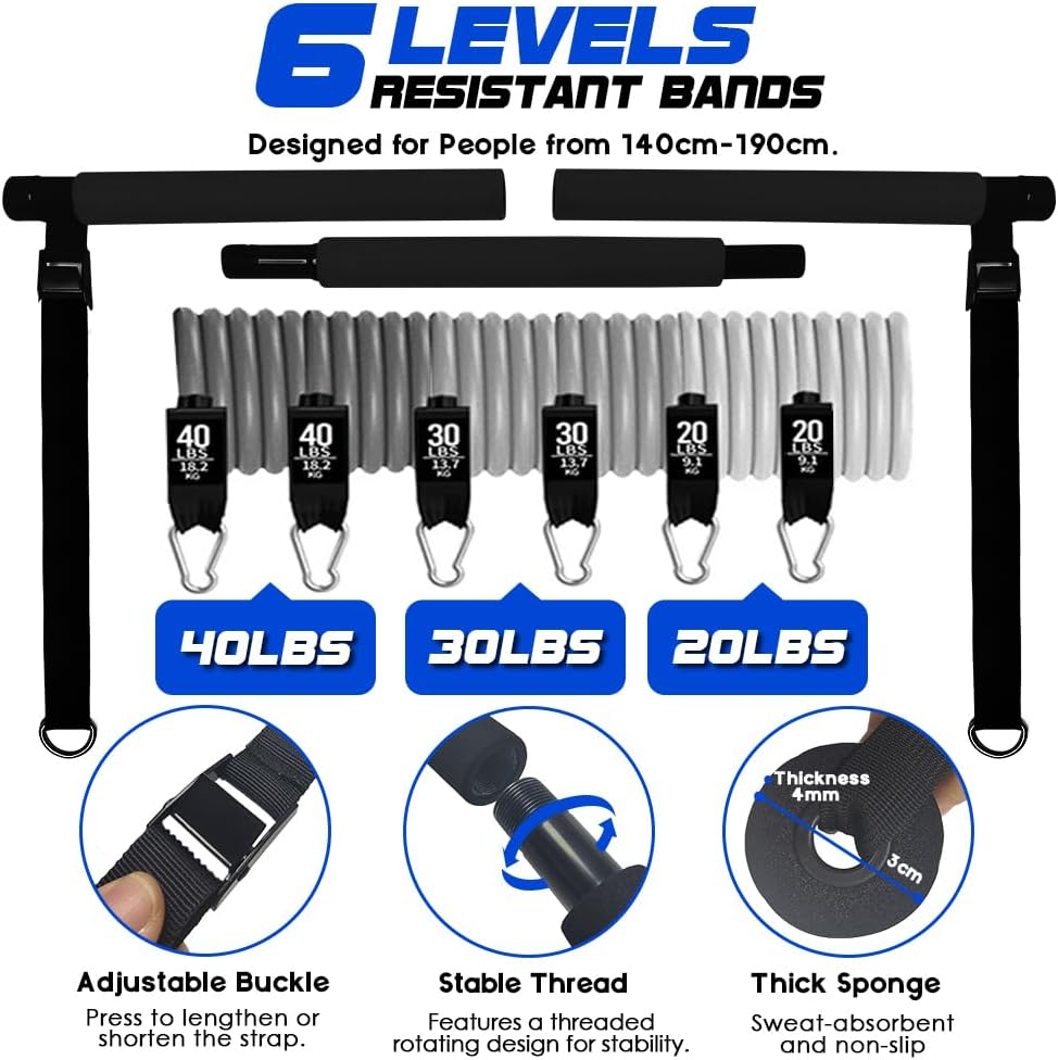 Pilates Bar Kit with 180LBS Resistance Bands(20,30,40 LB),21PCS Pilates Equipment Exercise Bar with Ab Roller, Portable Home Gym Fitness Pilates Bar for Women & Men - Black image number 5