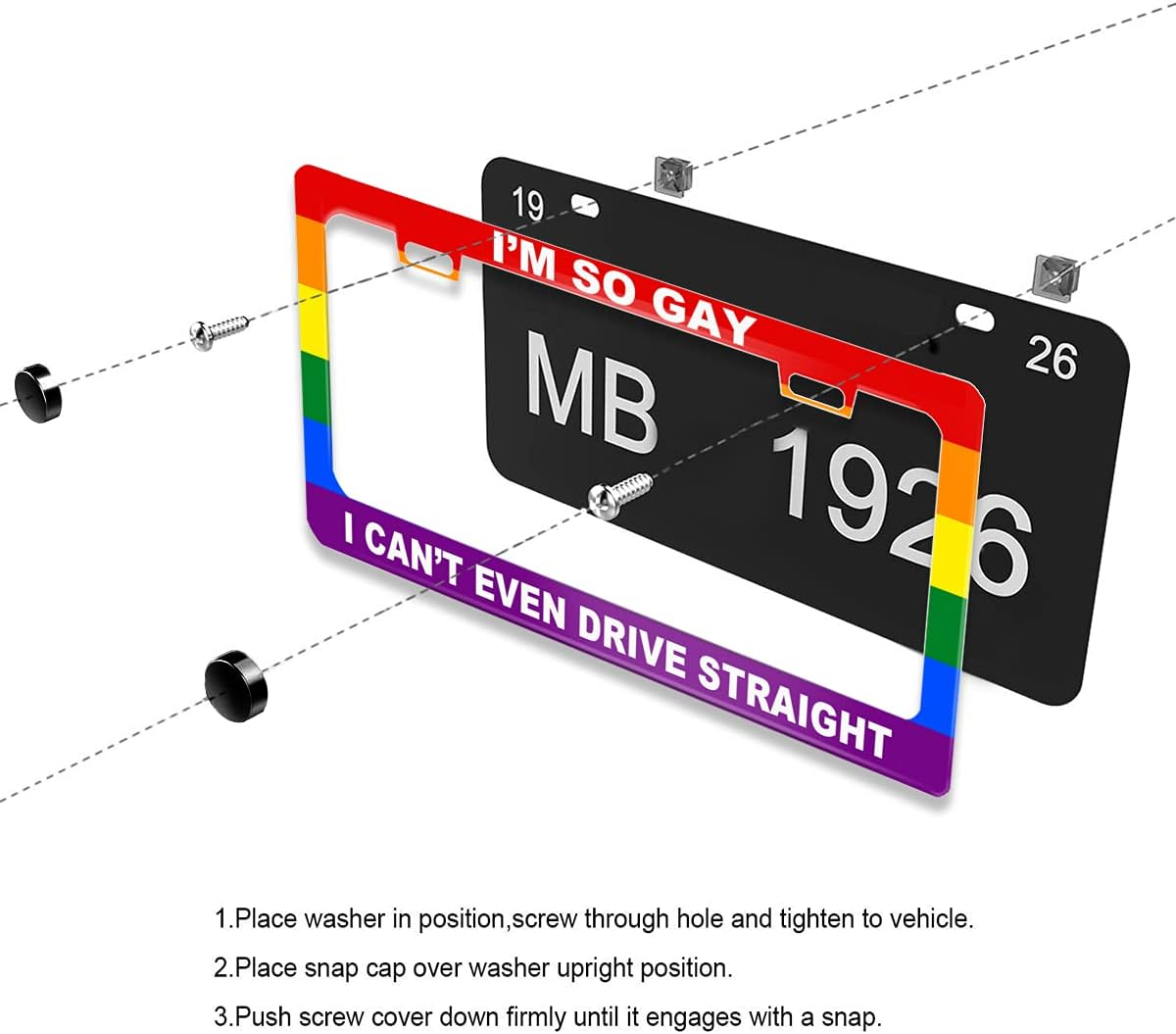 Funny License Plate Frame with Humor Text Gay Pride Rainbow Flag I'M so Gay I Can'T Even Drive Straight Aluminum Black Car Cover Holder with 2 Holes and Screws 12 X 6 Inch for US Vehicle Standard image number 1