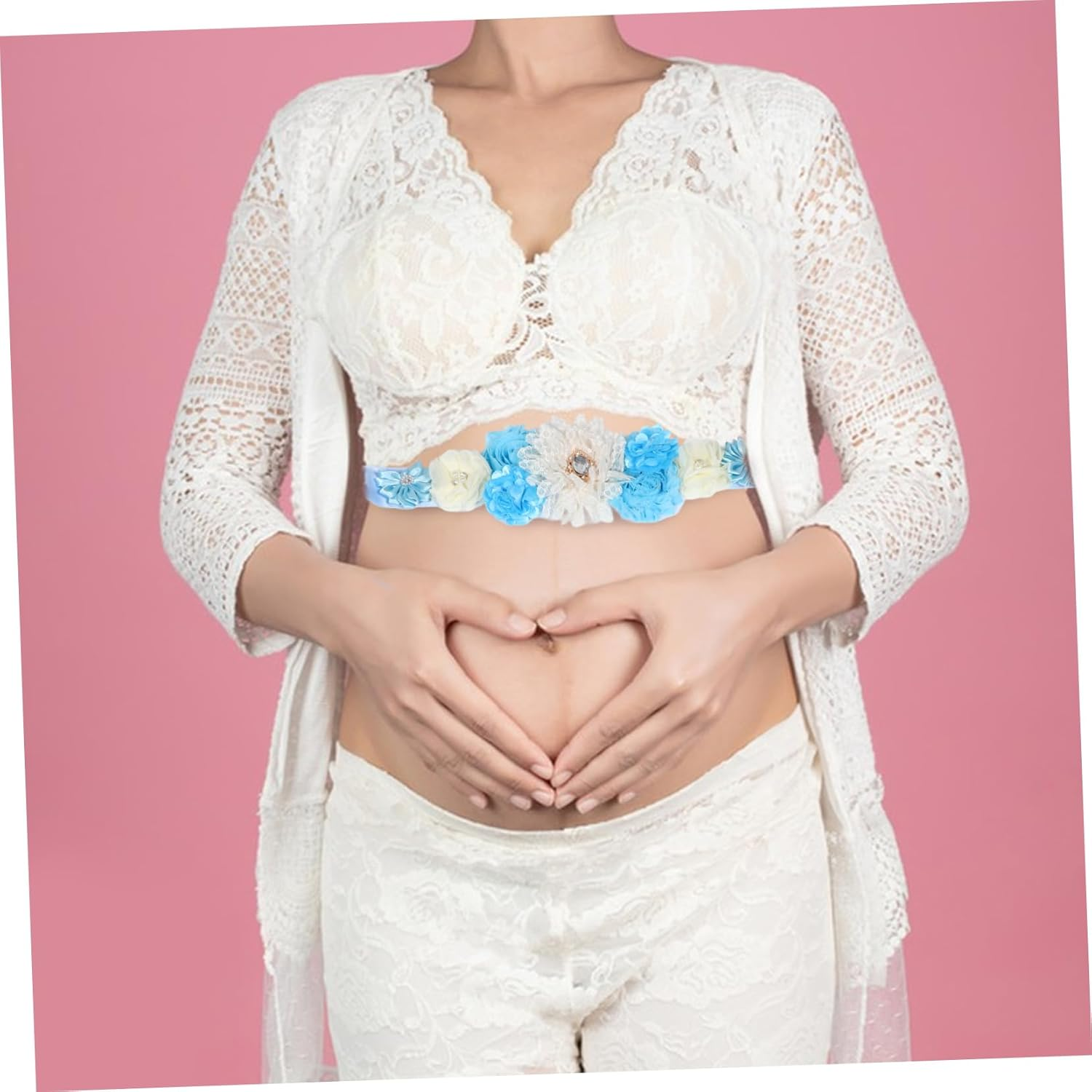 2Pcs Maternity Daisy Flower Sash Belt for Women Elegant Waist Support for Showers and Maternity Photoshoots Rhinestones - Beige image number 7