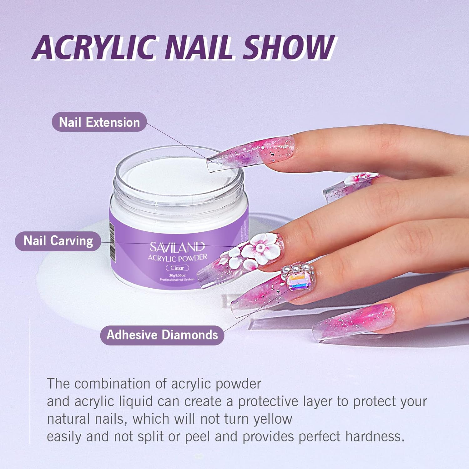 Saviland Acrylic Nail Kit &ndash; 30G Clear Acrylic Powder and 60Ml Acrylic Liquid Set with Acrylic Nail Brush Nail Forms Tools Set Extension Nail Kit for Beginners with Everything for Home DIY Salon Acrylic Nails Application image number 6