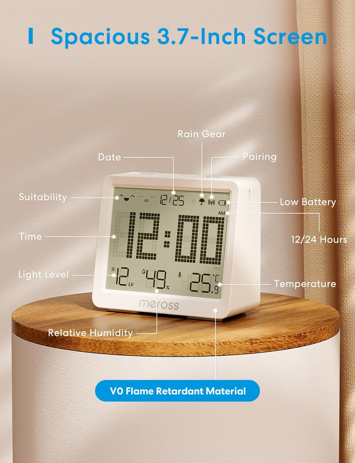 Meross Room Thermometer and Humidity Sensor Kit, Smart Hygrometer Indoor Thermometer, Large 3.7" Display, App Alert, Humidity Meter Compatible with Matter, Homekit, Alexa, Google Home, Hub Required image number 2