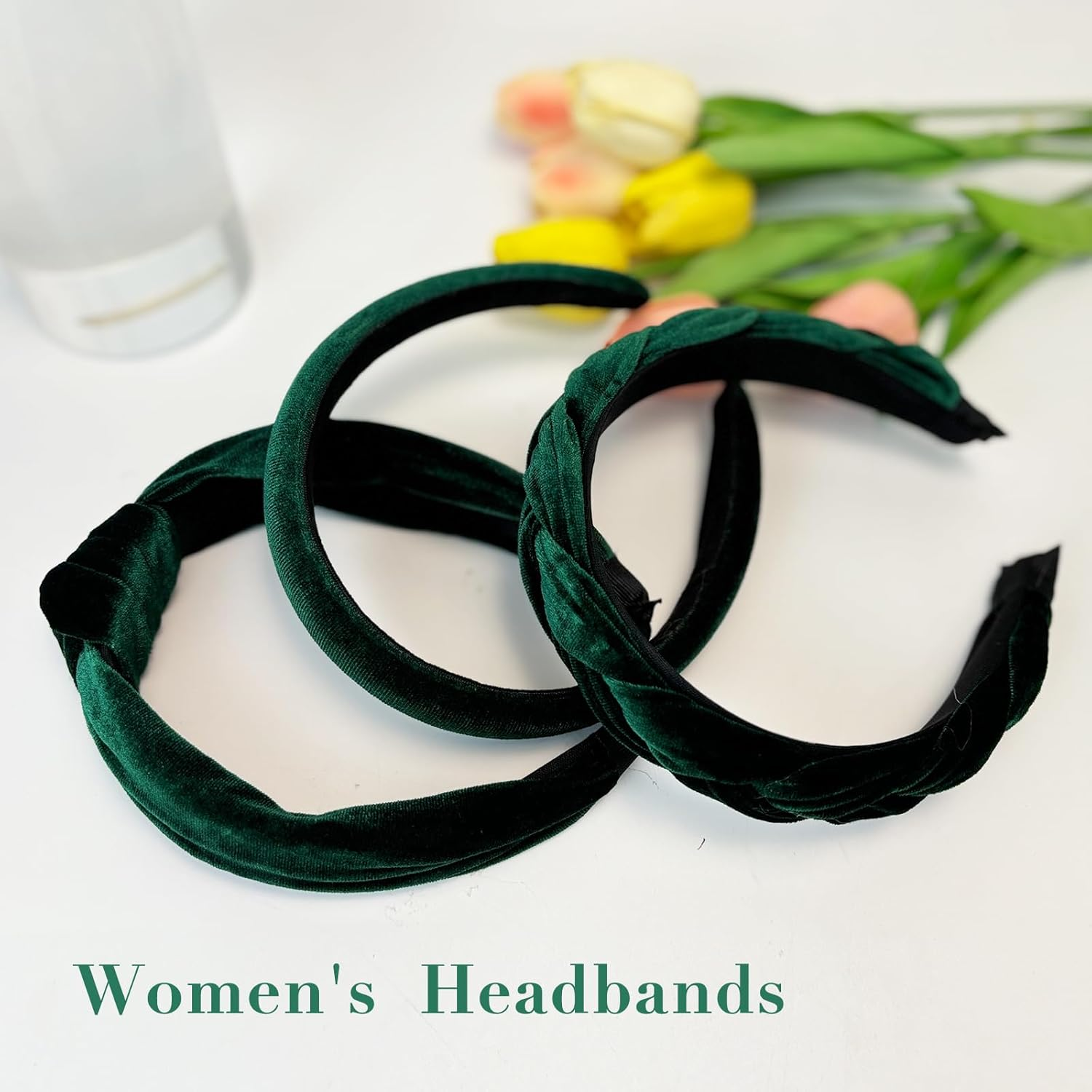 Yeomju Pack of 3 Velvet Headband Braided Dirndl Hair Accessories, Wide Padded Headband with Knot for Women and Girls, Vintage Headband in Dark Green for Carnival and Theme Party image number 2