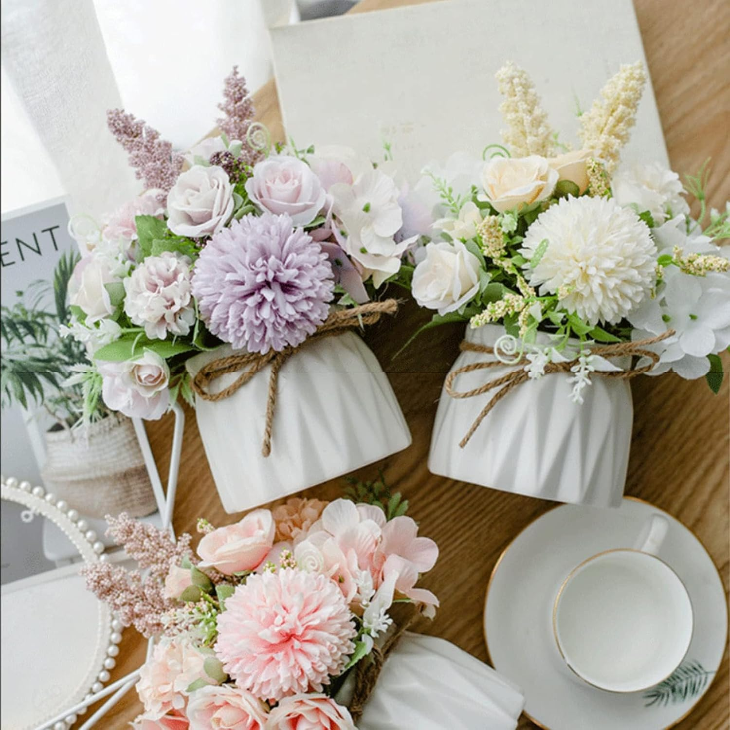 Hbluefat Fake Flowers in Vase, Small Artificial Silk Flowers with Ceramic Vase, Faux Flower Hydrangea Arrangement for Home Office, Coffee Dining Table Centerpiece Decor (Purple) - Pink image number 2