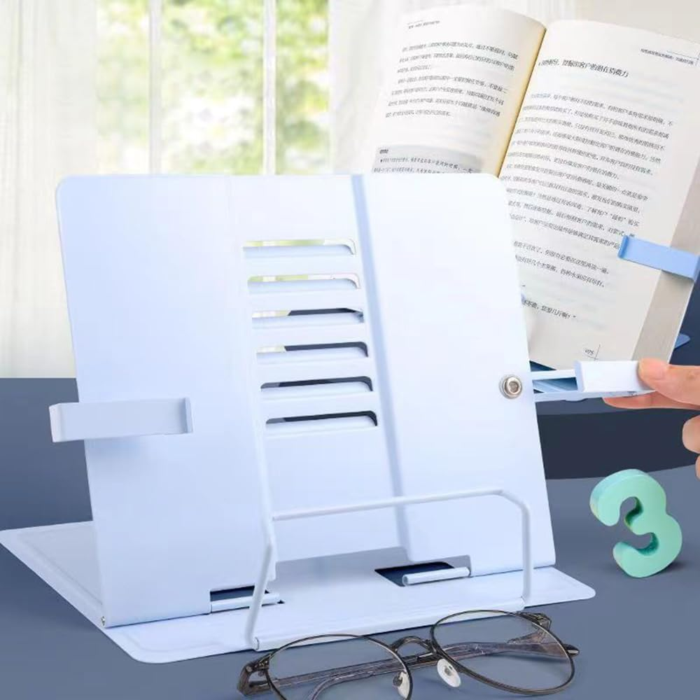 Hbluefat Metal Book Stand with Fixing Clips Folding Reading Book Holder,Sturdy Desktop Rest Book Holder for Cookbook,Magazine,Laptop,Tablet (Blue) image number 6