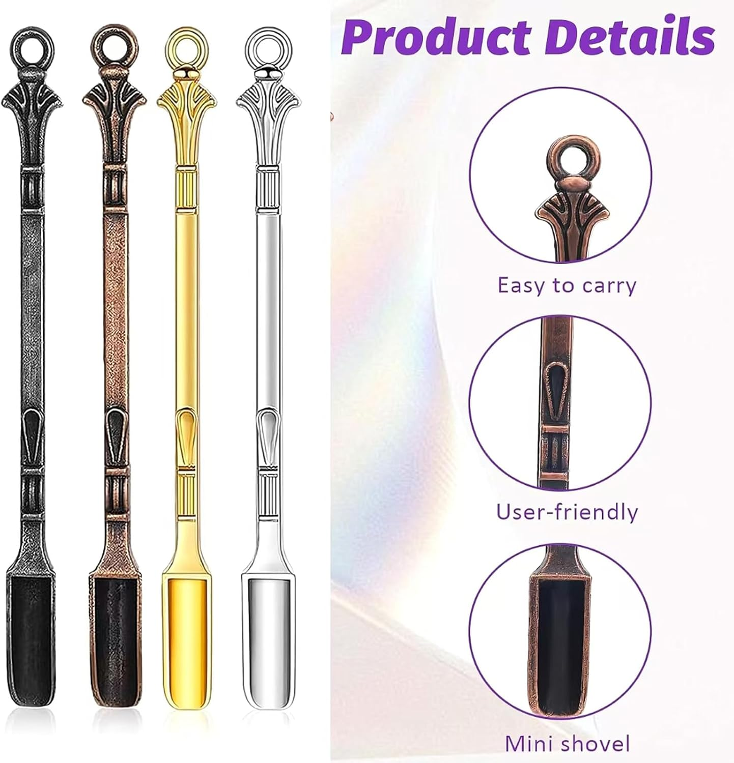 Mini Spoon, Mini Shovel Spoon，12 PCS Mini Medicine Spoon Metal Retro Shovel Powder Spoon Smoke Shovel Medicine Dosing Spoon Small Spoons for Accurate Dosing(4Color, 3.14In) image number 3