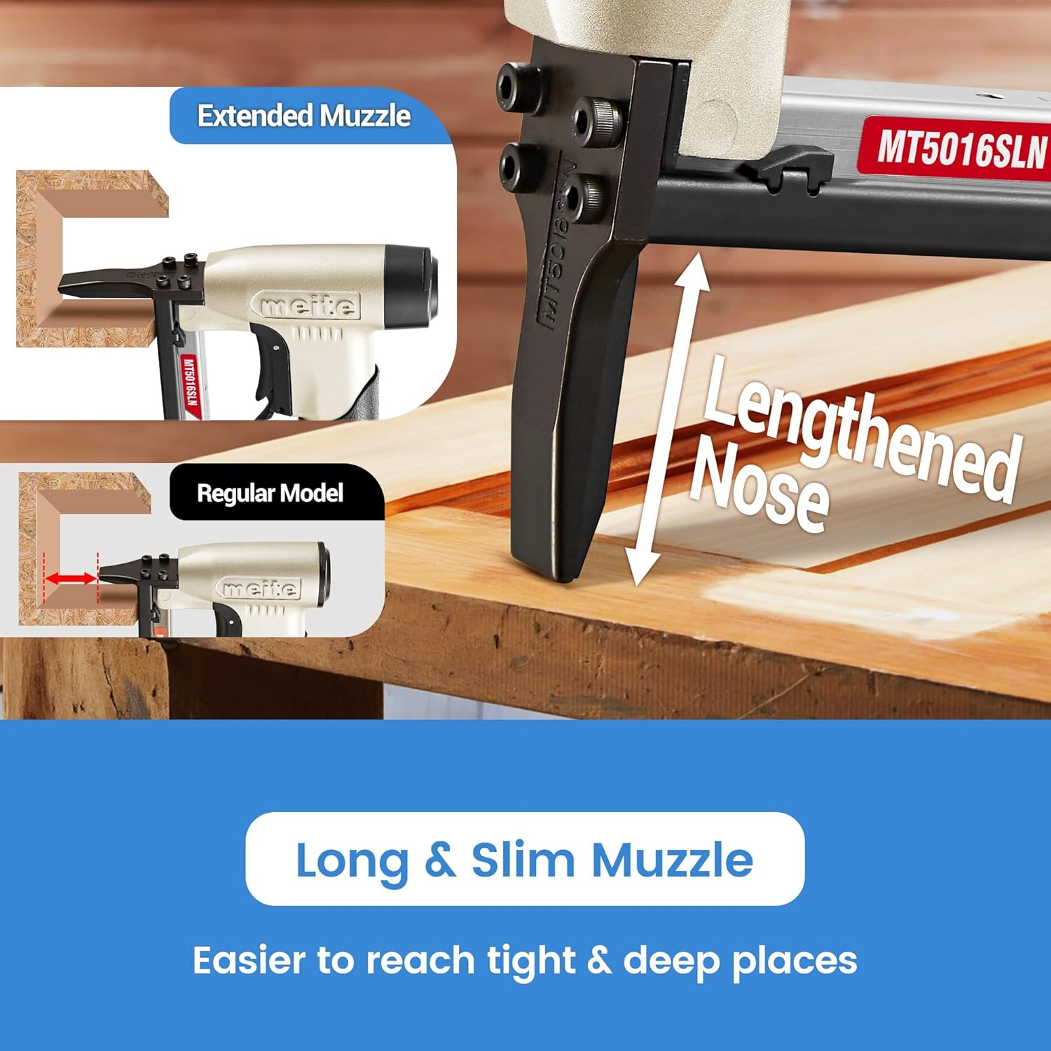 Meite MT5016SLN Pneumatic Upholstery Stapler with Safety Switch, Long Nose Air Staple Gun, 20 Gauge 50 Series / 6 to 16 Mm Lightweight Upholstery Air Stapler for DIY, Funiture and Woodworking image number 5