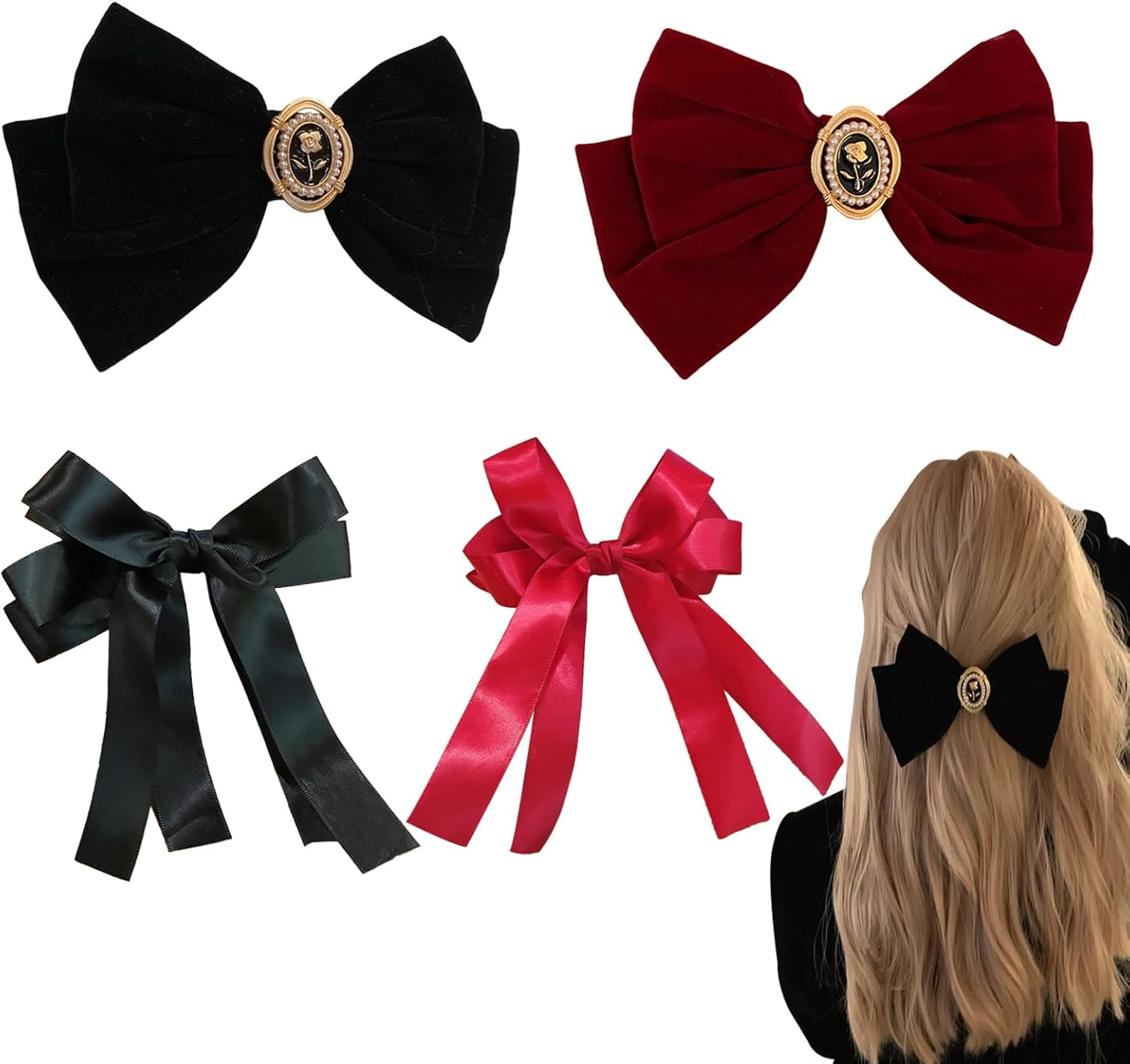 KASESSS 2 Velvet Hair Bow, 2 Silky Satin Hair Bow, Hair Bows for Women Girls, Red Black Bow Hair Clip, Vintage Bows for Hair, Big Bowknot Hairpin, Hair Bow Clip, Solid Color French Barrette Hair Clip image number 3