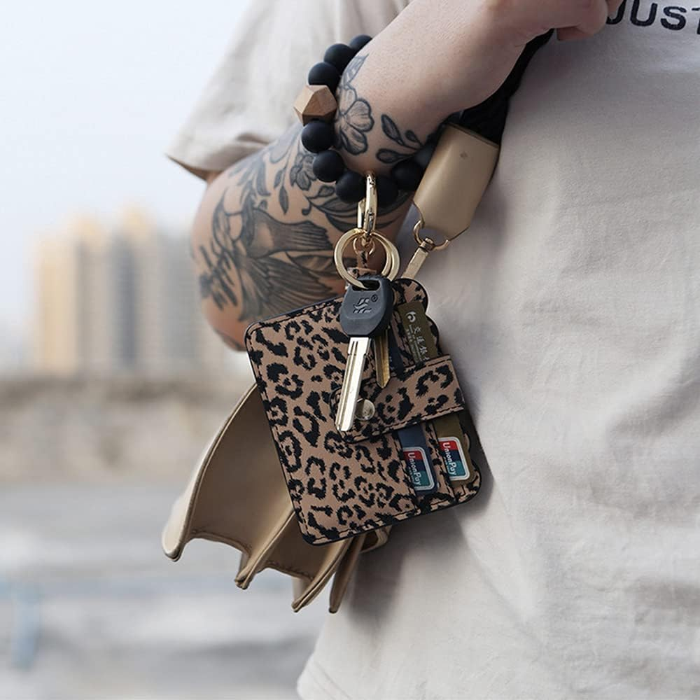 Silicone Beaded Bracelet Leather Keychain Wallet ID Card Holder Keyring Wristlet Bracelet Key Ring Chain Tassel Purse Women Girls Leopard image number 3