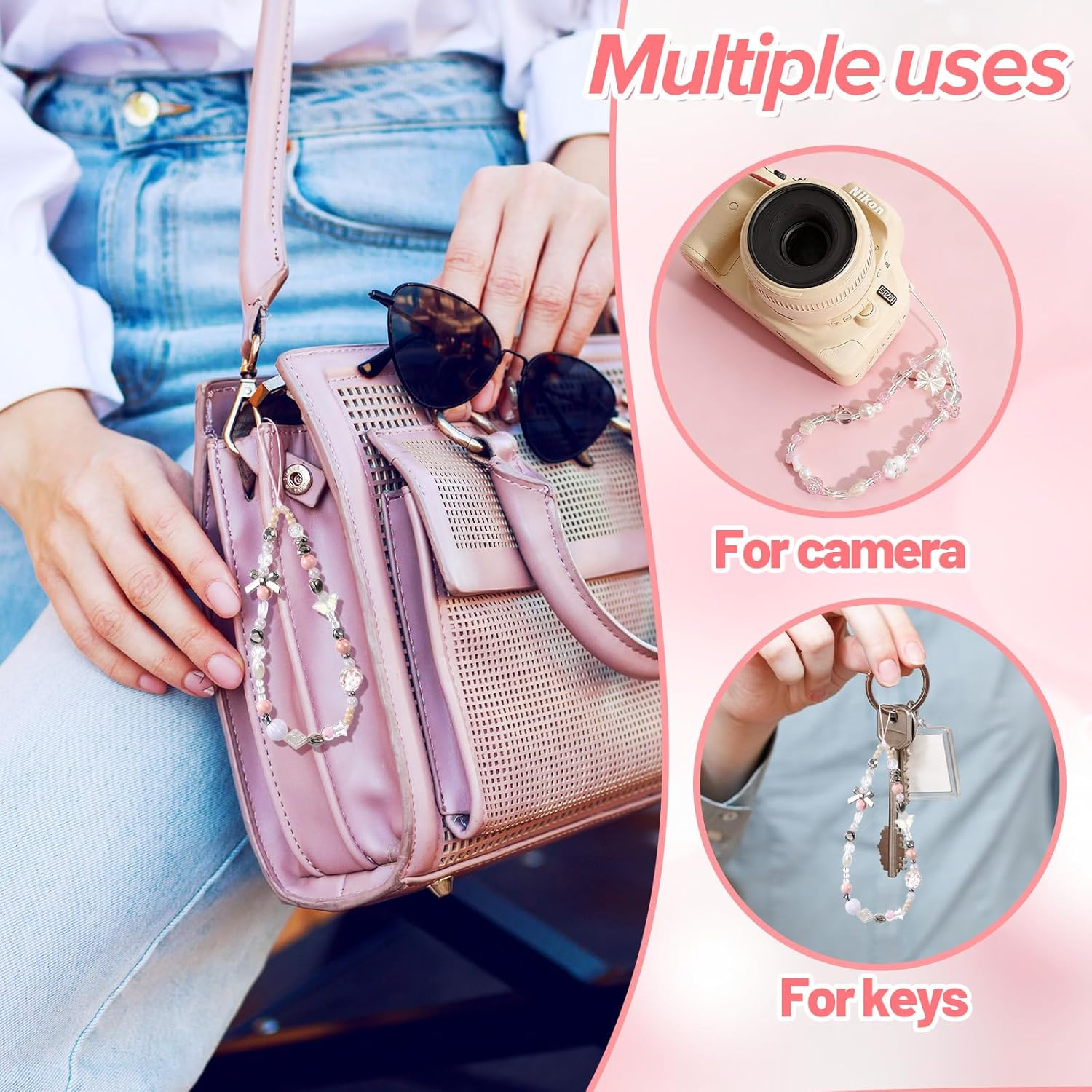 XLIUAX Camera Wrist Strap, Phone Wrist Charm Beaded Camera Strap Phone Wristlet Charms Digital Cameras Lanyards for Keychain Bag Bow Accessories Aesthetic Charms image number 6