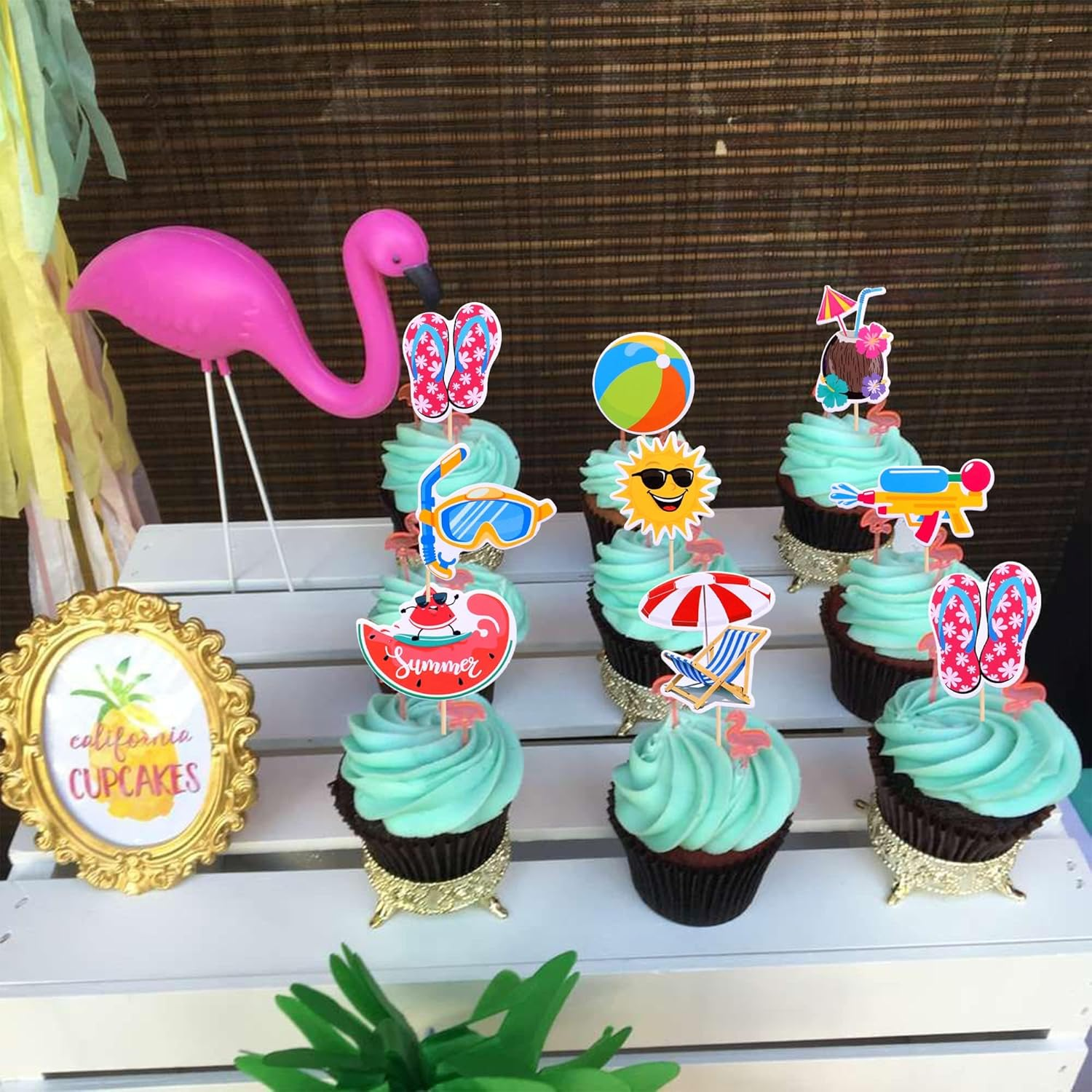 SYKYCTCY 32 Pack Summer Beach Pool Cupcake Toppers Ball Sun Umbrella Diving Goggles Watermelon Water Gun Slippers Cupcake Picks Baby Shower Hawaii Beach Pool Theme Birthday Party Cake Supplies image number 2