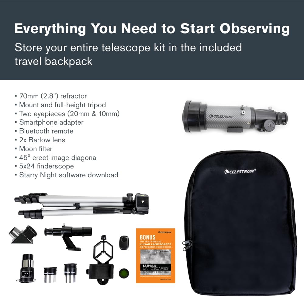 Celestron - 70Mm Travel Scope DX - Portable Refractor Telescope - Fully-Coated Glass Optics - Ideal Telescope for Beginners - Bonus Astronomy Software Package - Digiscoping Smartphone Adapter
