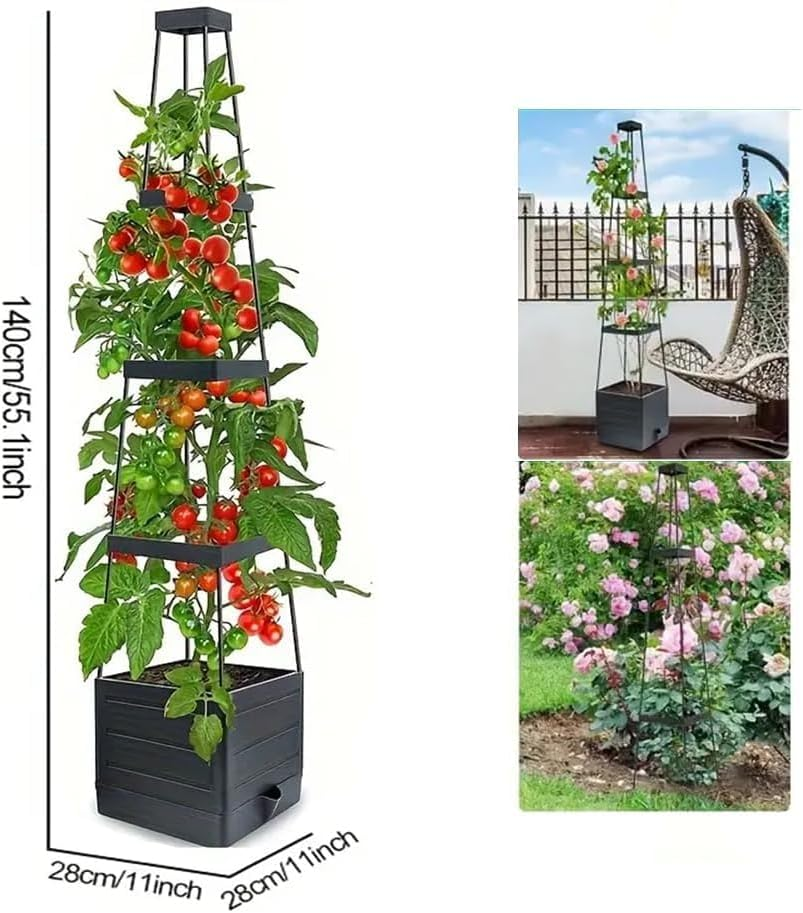 Raised Garden Bed, Planter Boxes with Trellis 55.1'' Tomato Planters for Climbing Vine Vegetables Flowers Plants Self Watering Tomatoes Cage for Outdoor Patio Greenhouse image number 2