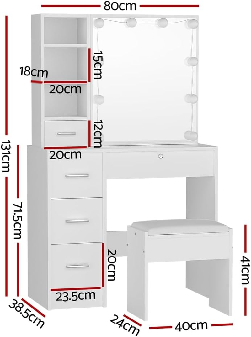 Artiss Dressing Table, Dressing Table with Mirror Lights 10 LED Bulbs Makeup Vanity Desk with Mirror Chair Stool Set Wooden, Home Bedroom Furniture Girls Women Organisers, Drawer Shelf Tabletop White image number 5