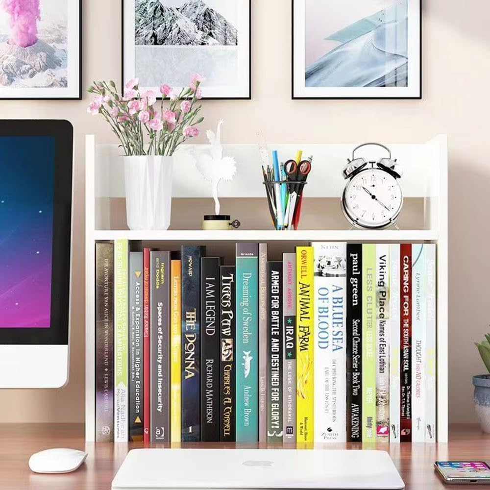 Hbluefat Desktop Bookshelf, 2-Tier Wood Desk Display Stand Organizer, Small Tabletop Bookcase Storage for Home Office, Living Room, Bedroom (Teal) image number 3