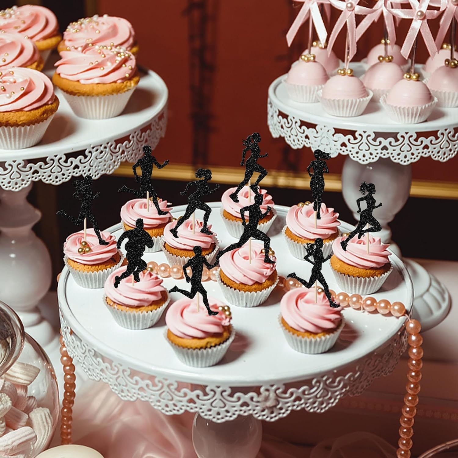 SYKYCTCY 24 Pack Running Cupcake Toppers Black Glitter Sports Fitness Cupcake Picks for Running Theme Boys Girl Kids Birthday Party Cupcake Decorations Supplies image number 5